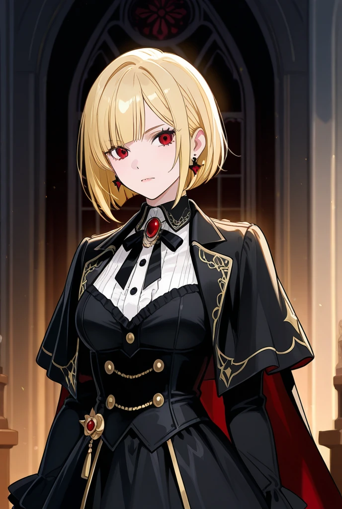 ((Highest quality)), ((masterpiece)), (detailed), （Perfect Face）、The woman is a thief with green eyes and medium-long blonde hair. She is wearing a gorgeous black wedding dress with gorgeous gold embroidery and trim, a black wedding veil, and an engagement ring.、The woman is married to Emperor Palpatine in a lavish space empire church.、The woman is standing close to the Emperor, and the dignified old Emperor Palpatine is holding the woman close to him as they hold their wedding ceremony.、The man is Darth Sidious, Emperor Palpatine, Dark Lord of the Sith, a wrinkled, dignified, ugly old man wearing a black hooded robe.