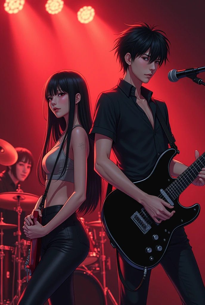 a man together with a woman (eye red ) at an evening rock concert wearing black clothes, smiling