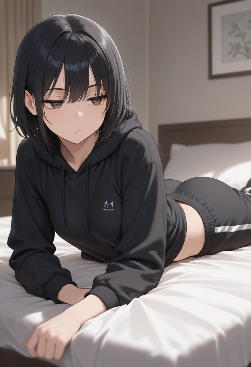 (((Masterpiece, highest quality, high definition, high detail)))), (((modern))), ((bedroom)), ((laying on bed)), (((one girl))), A girl in hotel room, moon shining through the window, beautiful face, tomboy, wearing hoodie, dark pajama shorts, (dark skin2), (black + short wavy hair1.2), yellow eyes, blunt bangs, wearing hoodie, gym panties, blushed face, small breasts, High resolution, dark ambient by professional AI, hotel room, nighttime, looking at viewer, (((One girl in middle))), (((SOLO)))