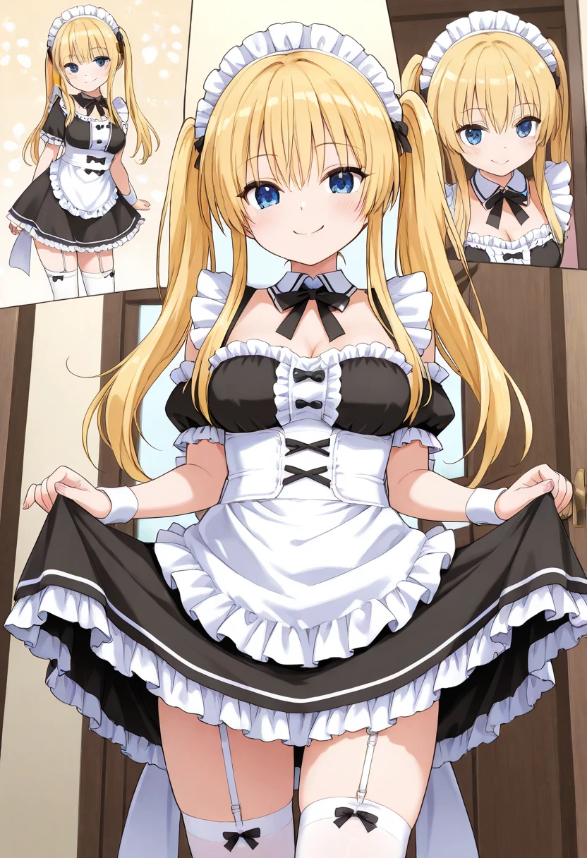 (8K、Top image quality、top-quality、masterpiece)、1 girl((cat girl))、((blonde curly hair twin tails))、Wavy Hair、blue eyes、mischievous smile、(( very smaller breasts))、maid clothes、((shortsleeves))、is standing、Cafe background、nsfw、black pantyhose、very young, 14 yo
