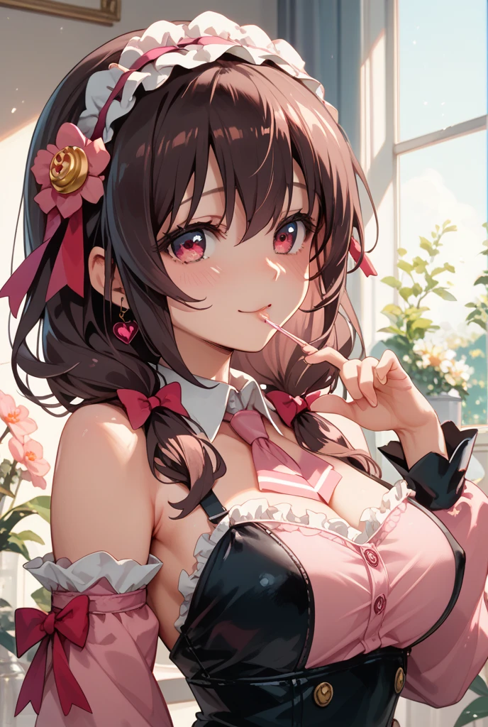 dark hair color, pink eyes,sexy woman, cat ears, hearts, floating hearts, face only,  long hair, smiling, hair ornament, up close face, closed mouth smile, up closeface, hair bows, sexy body, pink outfits 