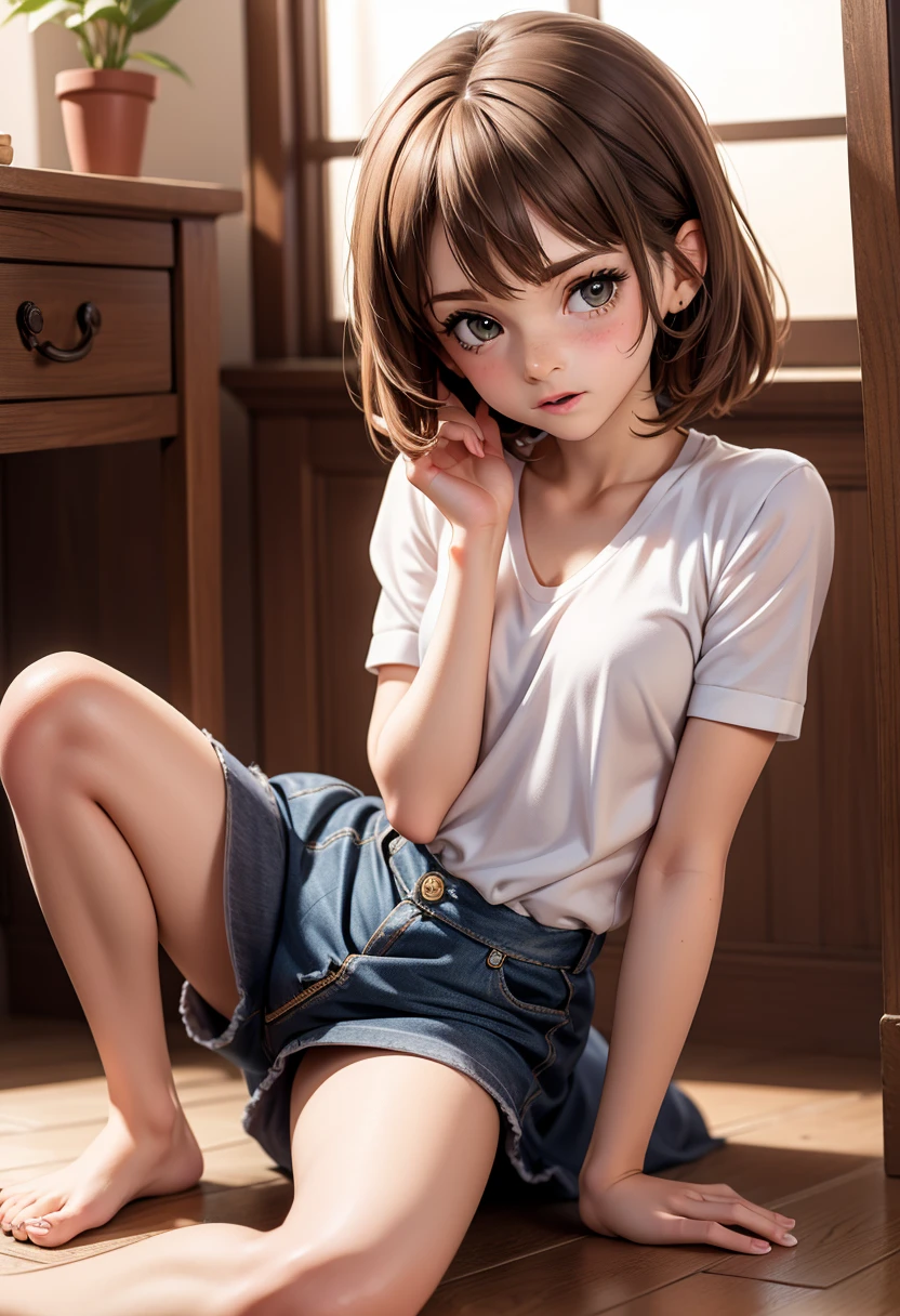 ((very young)) female, lips, light smile, curly hair, looking at viewer, upper body, leaning forward, t-shirt, downblouse, small breasts, perky breasts, denim shorts, nsfw