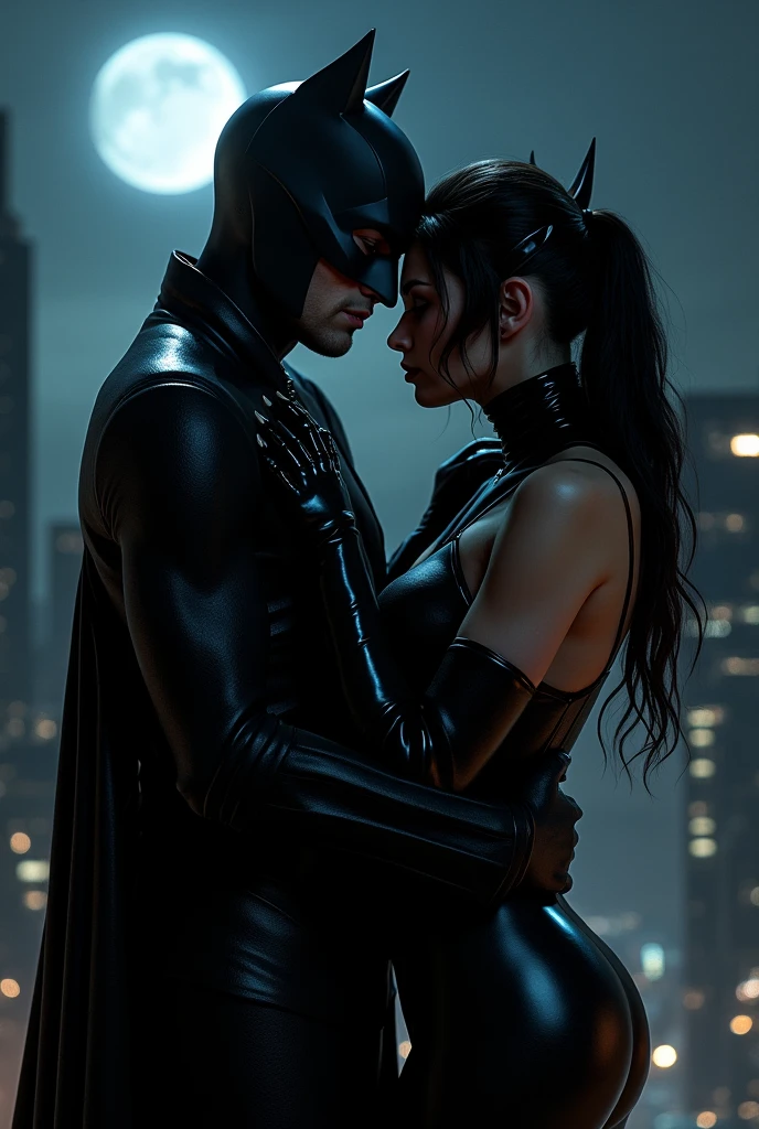 a masked scantily clad Catwoman leans on Batman's shoulder on a rooftop in 1940's Gotham City at night