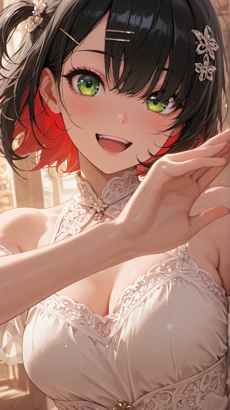 ,masterpiece, Highest quality, movieのような写真,
1 anime girl, 35mm Photography, movie, Bokeh, Professional, 4K, Very detailed, Red Hair, Long Ponytail, Green Eyes, smile、 (Lean forward:1.4), Underarm, Cleavage, Expand your chest, 魅惑的なsmile, (blush:1.1)