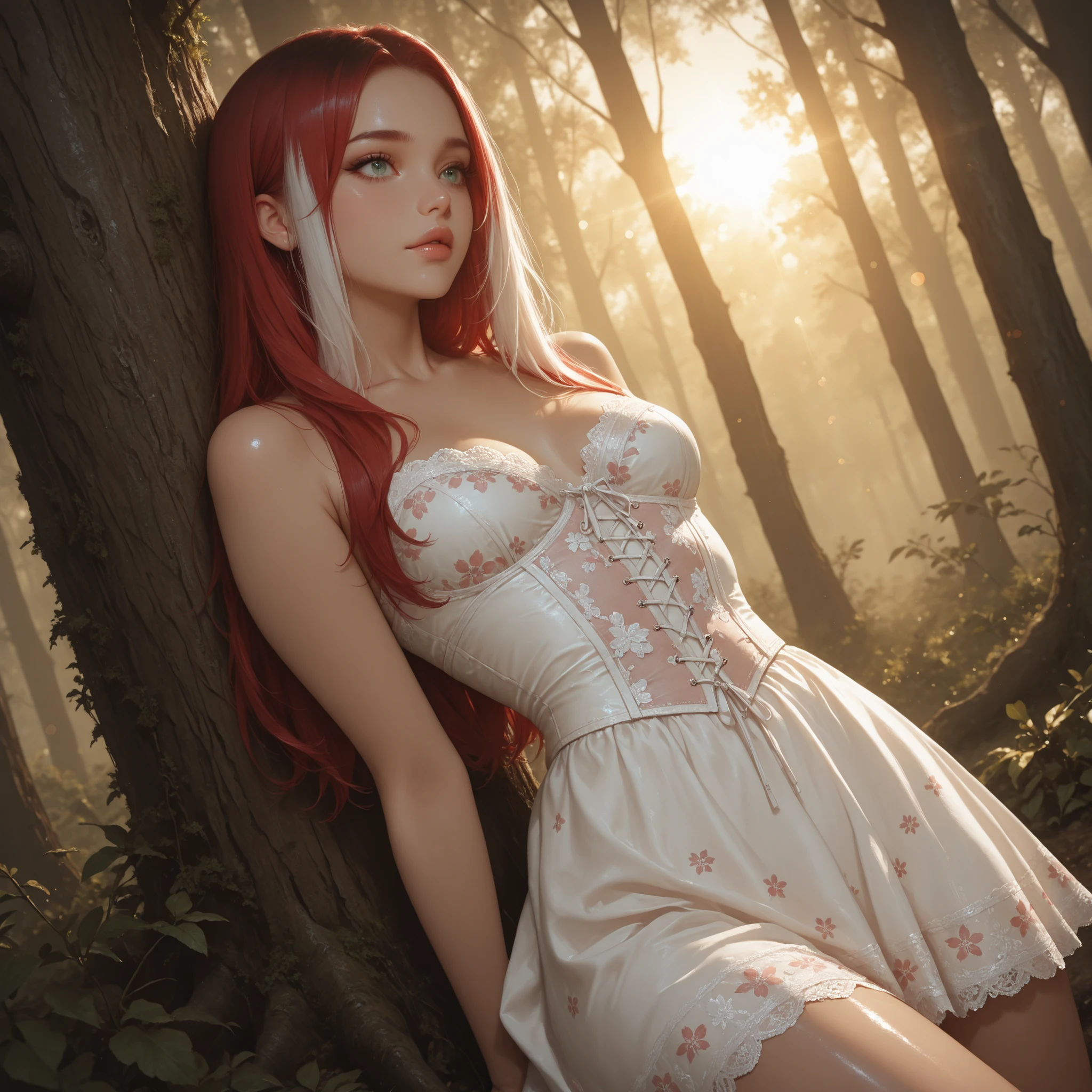 vanilla,final fantasy 13,FF13,orange hair,twin tails,light perm hair,Beautiful emerald green eyes,white skin,Red ruffled dress,super high quality,super high quality,masterpiece,digital single lens reflex,realistic,Detailed details,vivid details,depicted in detail,detailed face,Detailed details,Super detailed,realistic skin texture,based on anatomical basis,perfect anatomy,anatomically correct hand,anatomically correct fingers,Complex 3D rendering,Huge ,sexy pose,beautiful tulip field,Final Fantasy Worldview,Fantastic night view,fantastic night sky,beauty like a painting,Take a full body photo,nine-headed body,pink lip,Beautiful curly hair,emphasize the beautiful whole body,smile,