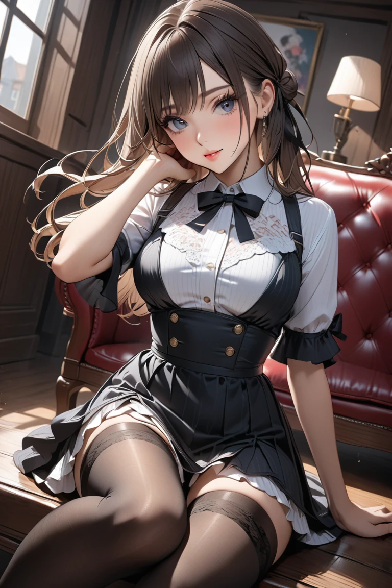 (1girl in), Long Wave Hair、dark brown hair, Amazing face and eyes,(natural make up)、(Brown eyes), medium large breasts、(High school uniform with wide open chest:1.1)、bared  chest, (amazingly beautiful girl), Stilishka Chusha、Ruffle style costumes, (Maid Cafe Costume, Pleated mini-skirt:1.5), (Best Quality:1.4), (Ultra-detailed), (extremely detailed CG unified 8k wallpaper), ((Stylish maid café)), Maid Cafe Popular Staff, (White lace panties:1.2)、Emphasis on the chest with a slouch
