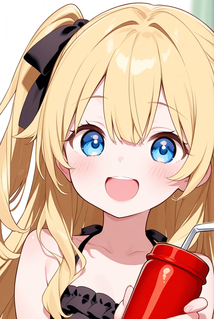 巨作, 最好质量, 1 girl, Olivia, blonde hair, aqua eyes, Medium hair, Blue Dress White Lace, medium breasts, blush on, Shout with your mouth wide open,tongue-out,Close-up photo of the face