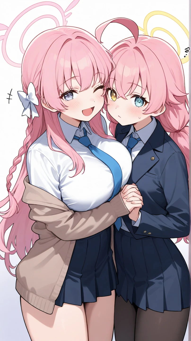 masterpiece (((One man))) One girl (((men and women))) Pink hair Long hair Green eyes Huge breasts (Big nipples) NSFW  (orgasm) (Heart Eyes) ((A man fondles a woman&#39;s breasts from behind)) ((Grabbing breasts)) uniform blazer  (Deep Kiss)