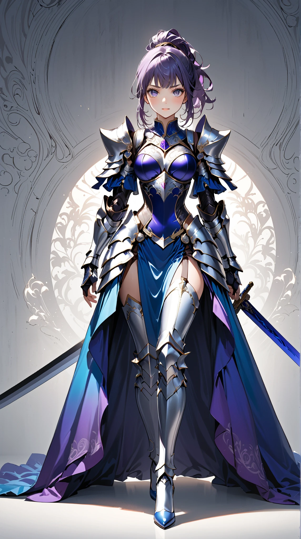 a woman in armor with a sword and a sword in her hand, armor girl, pale white and blue armor, very stylish fantasy armor, by Yang J, white and blue armor, fantasy armor, stunning armor, wearing fantasy armor, white blue and golden armor, gorgeous female, beautiful female knight, of a beautiful female knight, female armor, elegant armor,