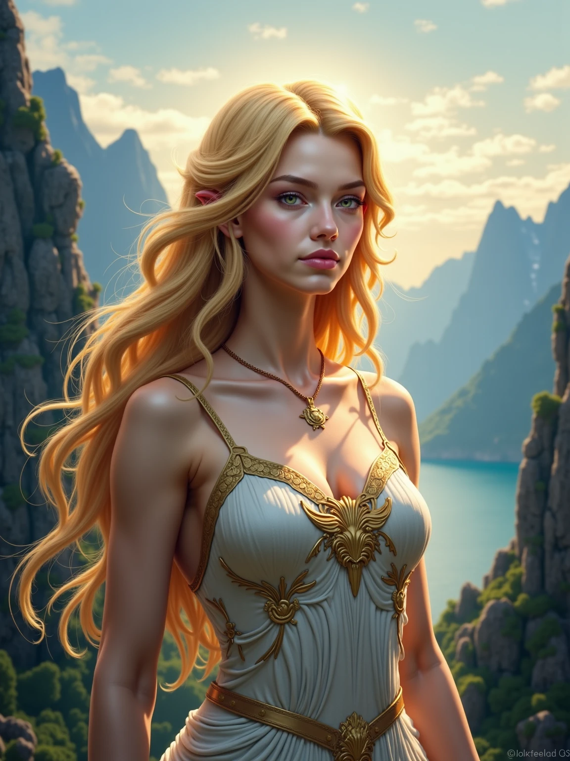 Daughter (Masterpiece:1.4), (8k, Realistic, RAW Photos, Best Quality: 1.4), Japanese, (1 Girl), Beautiful Face, (Realistic Face:1.4), (Caramel Hair, Long Hair:1.3), Beautiful Hairstyle, Realistic Blue Eyes, Beautiful Detailed Eyes, (Realistic Skin:1.3), Beautiful Skin, Attractive, Ultra High Resolution, Ultra Realistic, Highly Detailed, Golden Ratio, (Detailed Face: 1.4), Looking at the Audience, White Shirt, Medium ????, In the pose of stroking the ?????, transparent shirt, (torn clothes: 1.5), (????????????: 1.4), perky_???????, short jeans, shorts, cute smile, red lips, (golden ratio fingers: 1.5), (illustration background, CGI, movie, futuristic, mountain, snow, thick thighs, robust, gothic, gold trim, cthulhu, octopus, official art, transparent cloak, full body close-up