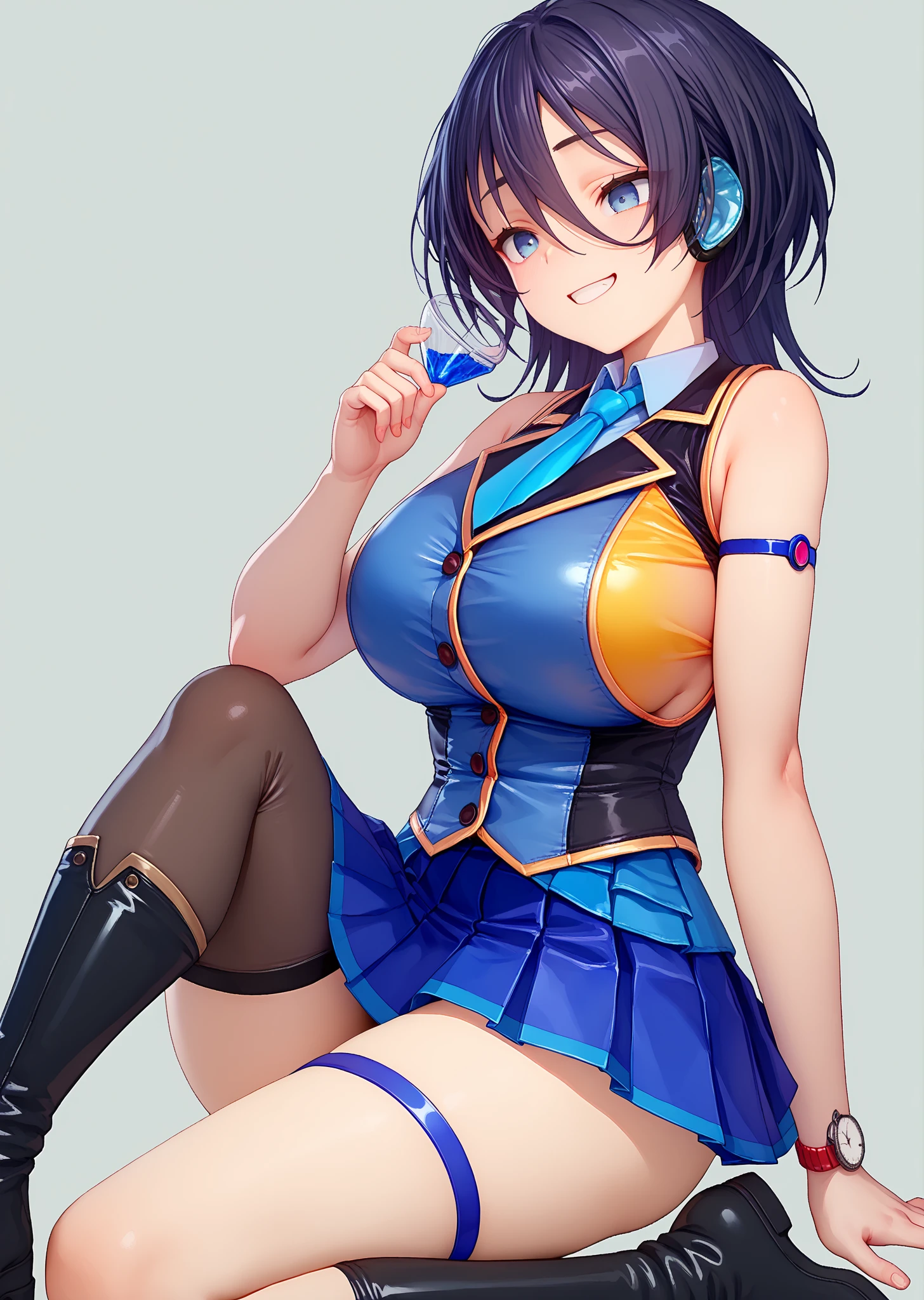 Masterpiece, Score_9, score_8_up, 8k, ultra-detailed, Ultra-high resolution, high-quality, 1girl, cute, perfect anatomy, black hair, ponytail hair, sleeveless uniform, mini skirt, miss secretary, medium breasts, bare shoulders, armpits, sitting, elegant, chair, serious expression, open mouth, sexy, secretary background