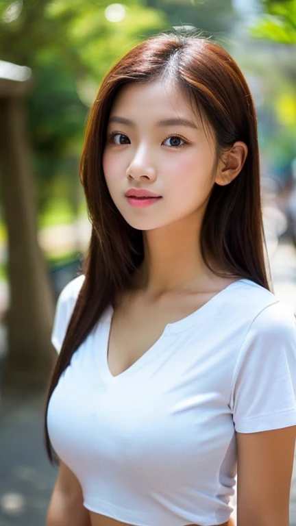 highest quality, masterpiece, ultra high resolution, (realistic:1.4), Raw photo, 15 year old girl, ((leaning forward):1.3), ((from the front)), (white t-shirt:1.2), (Very cute face like the most popular Japanese idol, very childish face, ((very beautiful big black eyes)), very beautiful hair, very beautiful skin, very beautiful long eyelashes, very beautiful lips, very beautiful cleavage, innocent smile, dynamic pose, Well-balanced body size
