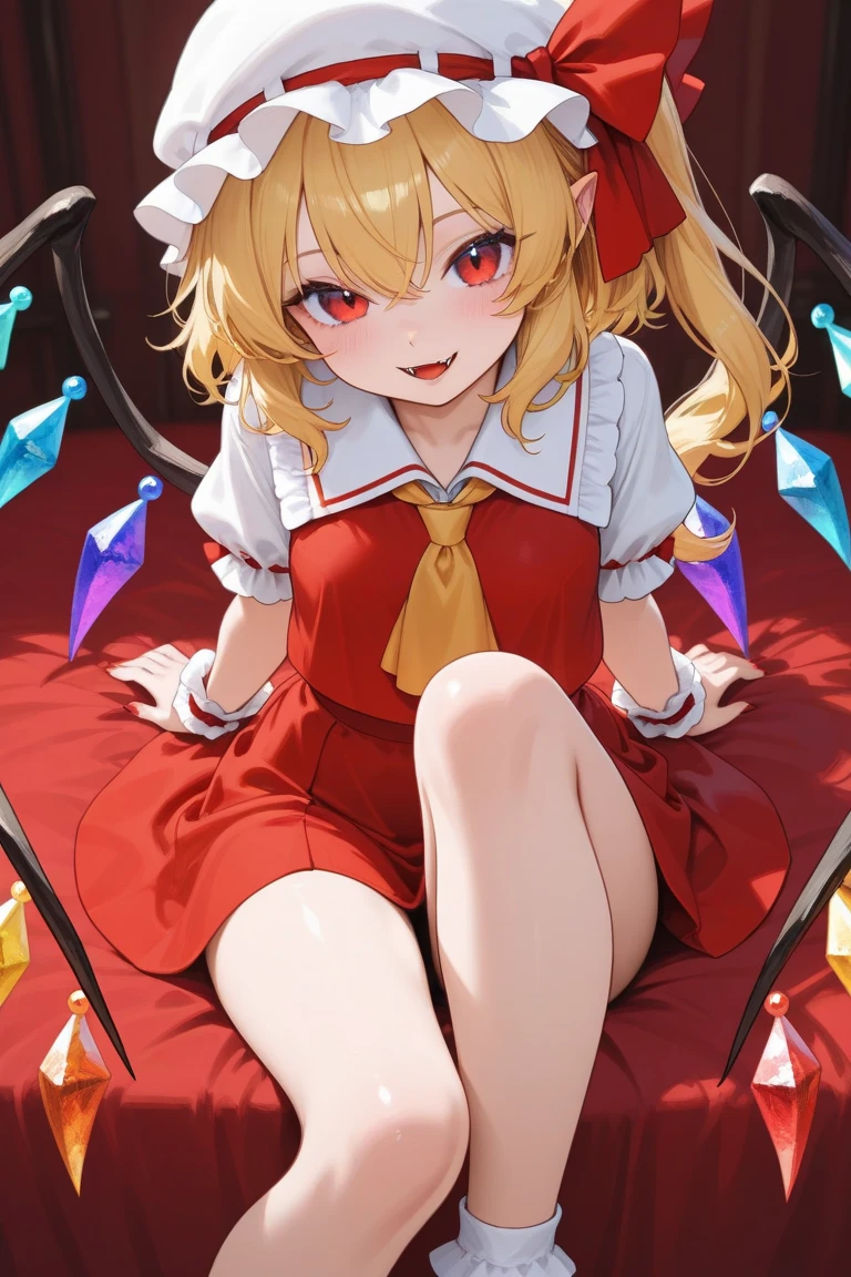 1girl,ankle_socks,bobby_socks,bow_(weapon),crossed_ankles,frilled_dress,frilled_legwear,frilled_skirt,frills,full_body,gohei,knees_up,legs,legs_together,legs_up,loose_socks,lower_body,no_shoes,red_dress,red_skirt,sitting,skirt,socks,solo,tabi,white_legwear,wings,flandre_scarlet