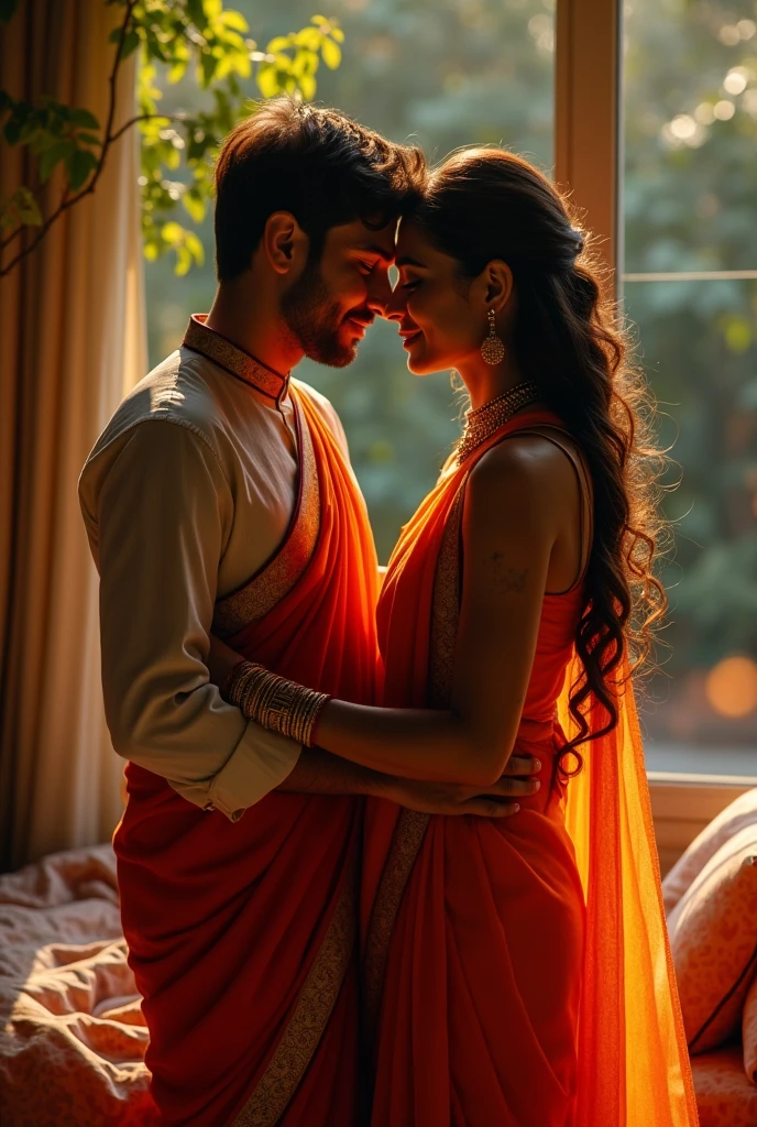 A girl wearing saree and showing her hip and her boyfriend holds her hip tightly 