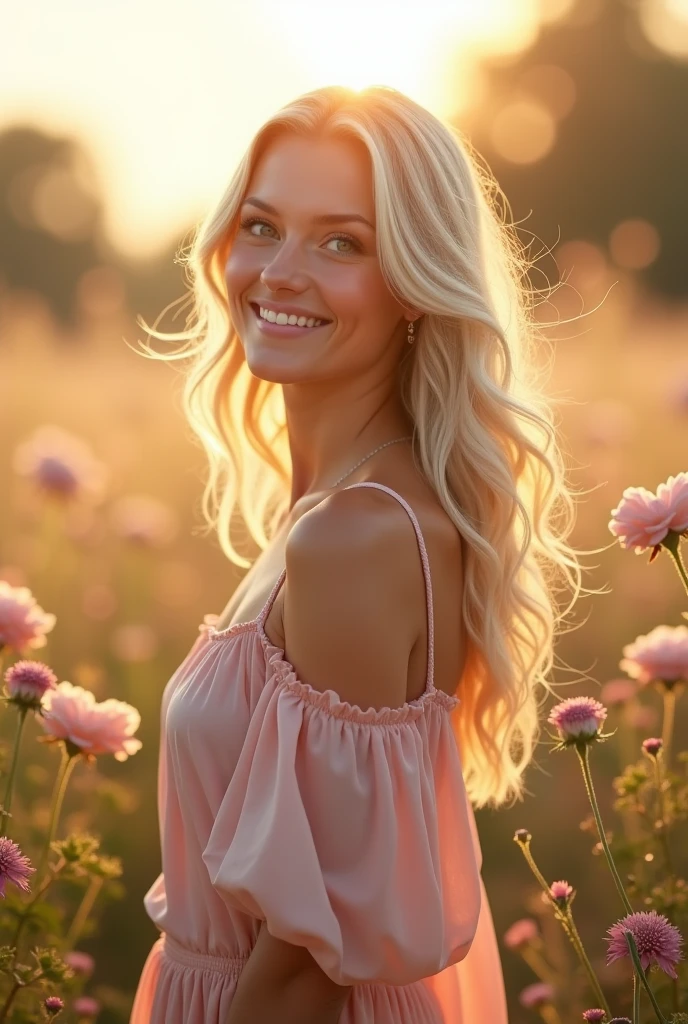 Belle femme blonde souriante, de beau cheveux mi long, un regard 