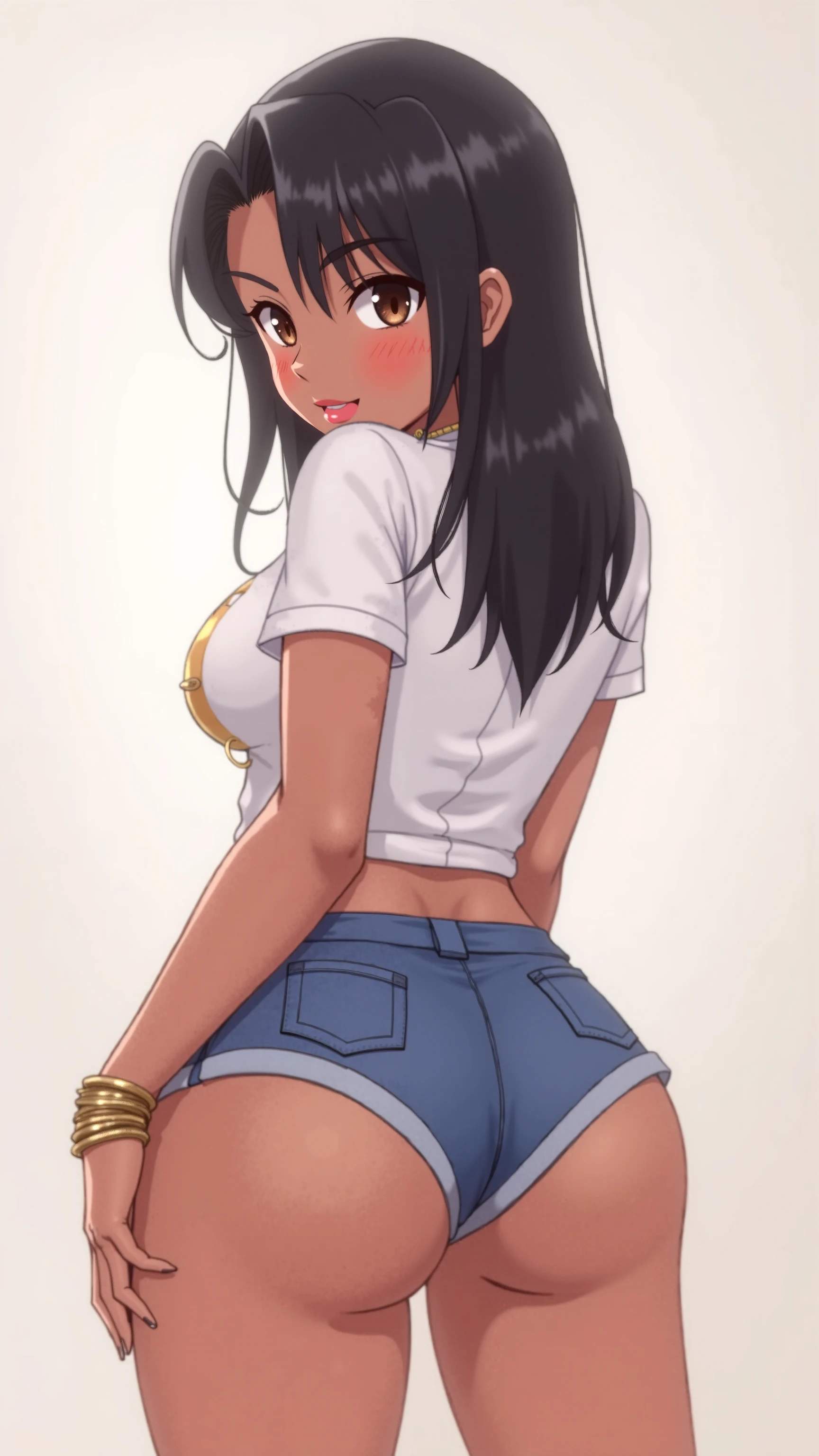 1 girl,(solo), ((Sango)), (masterpiece:1.2), (high quality:1.0),looking at viewer, (XXL Black T-shirt), (ultra detailed), (Front View), Brat, Smug Grin, 22 Years Old, Ponytail, (Shirt Lift), (Pink Lingerie Underwear)
