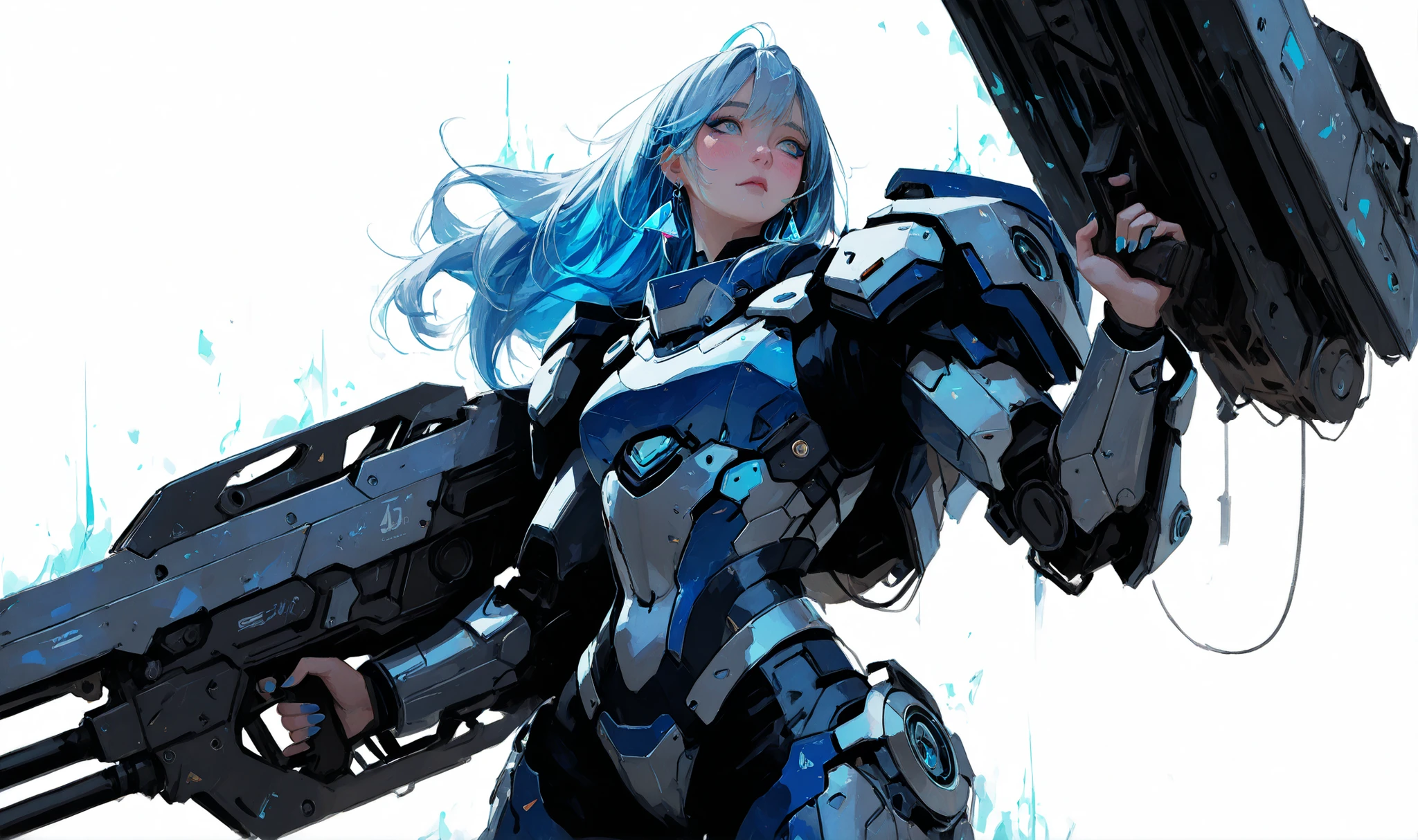 (masterpiece:1.2), (best quality), super detailed, [cowboy shot], Adorable and attractive, female, long hair, white background, glass hair, blue highlights, shiny skin, glass earrings, simple background, turquoise eyes, detailed beautiful eyes, small breasts, standing, blushing, solo, blue nails, blue metallic textures, plastic, glossy, glass armor, blue eyeliner, bratty, silver aura, aura, external armor, (powered heavy armor), (mechanical armor), mechanical glass armor, blue trim, intricate details, industrial mechanical details, armor plating, chest armor, (geometric armor), atompunk, (railgun), futuristic, industrial 
Action pose, combat,