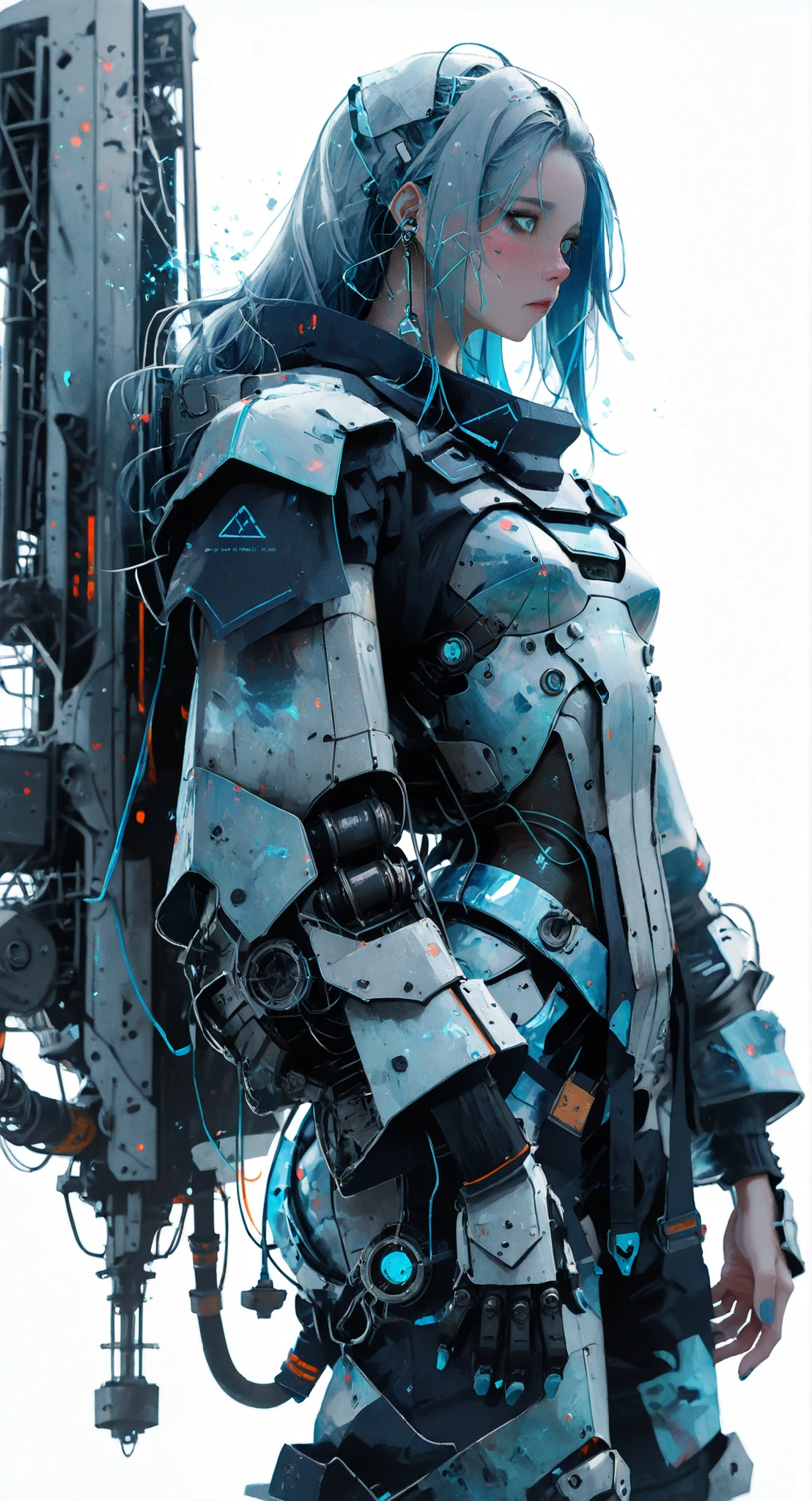 (masterpiece:1.2), (best quality), super detailed, [cowboy shot], Adorable and attractive, female, long hair, white background, glass hair, blue highlights, shiny skin, glass earrings, simple background, turquoise eyes, detailed beautiful eyes, small breasts, standing, blushing, solo, blue nails, blue metallic textures, plastic, glossy, glass armor, blue eyeliner, bratty, silver aura, aura, external armor, (powered heavy armor), (mechanical armor), mechanical glass armor, blue trim, intricate details, industrial mechanical details, armor plating, chest armor, (geometric armor), atompunk, (railgun), futuristic, industrial 
Action pose, combat,
