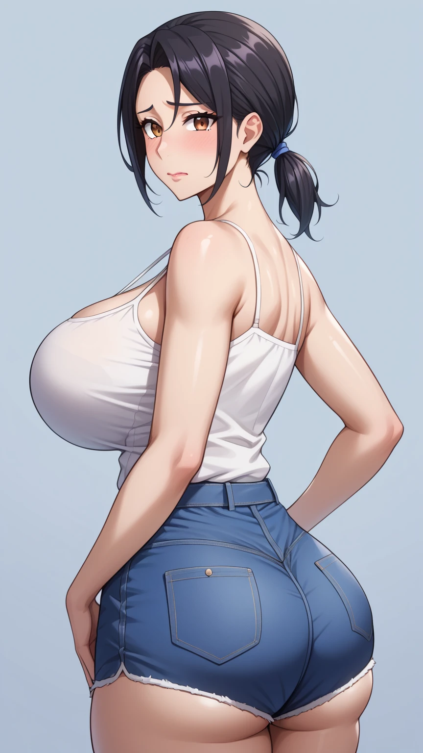 a nerd, beautiful, ponytail, shorts, thick, curvy, big breats, tight tank top, pose