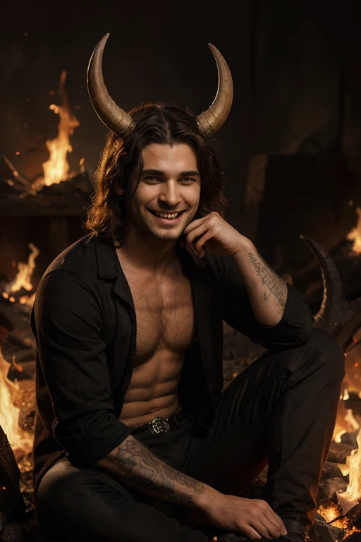 ((masterpiece)),((bestquality)),8k, high detailed, ultra-detailed, Stylish Pose, real skin texture, cinematic lighting, 21 year old male model, black demon horns, white pale skin, blue eyes, short brown messy hair, strong jawline, masculine, defined fit body, hairless chest, prince aesthetic. gothic architecture, black massive huge angel wings, wearing nothing, completely naked, male genitelia, dim light, dark atmosphere, backlight.