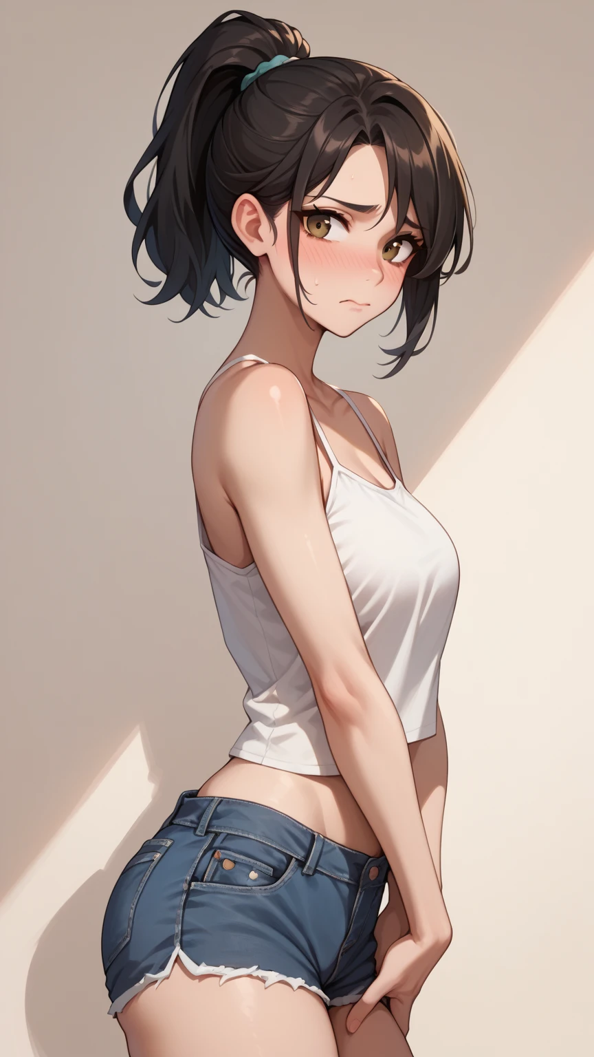 (((masterpiece, best quality, ultra highres, 1 girl, solo, no background))), super detailed skin and face and eyes and finger, beautiful japanese woman, small breasts:1.5, skinny, light brown hair, white background, very short pixie hair, Knee shot, Generate with illustrations, Various expressions, Various poses, Please draw the entire character within the frame, ensuring that the head, arms, and legs are not cut off. The background should be simple, with the character positioned centrally, outline, anime, 2d, boyish, tank top, denim shorts,