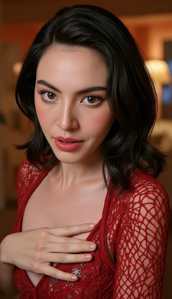 A woman with red hijab, Realistic, Photorealistic, 8K, Masterpiece, Best Quality, High Definition, Live Action, RAW Photo, Single Woman, Beautiful Body,Cleavage, Sexy, red Competitive Swimsuit,