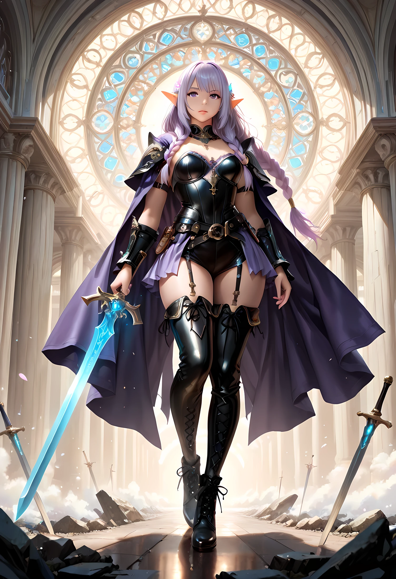 a picture of a female elf, fantasy swashbuckler, fantasy fencer, armed with a slim sword, shinning sword, magical sword, metallic shine, colorful clothes, full body, epic beautiful female elf, rich hair, braided hair, small pointed ears, wearing  purple cloak, long cloak, wearing elven leather armor, sense of daring, sense of adventure fantasy street, high details, best quality, 16k, [ultra detailed], masterpiece, best quality, (extremely detailed), dynamic angle, ultra wide shot, photorealistic, RAW, fantasy art, realistic art,((best quality)), ((masterpiece)), (detailed), perfect face, LOAsuccXL, strapless, lace up stilettos, fantasy, Cinematic Shot, dvr-hgh-fnt