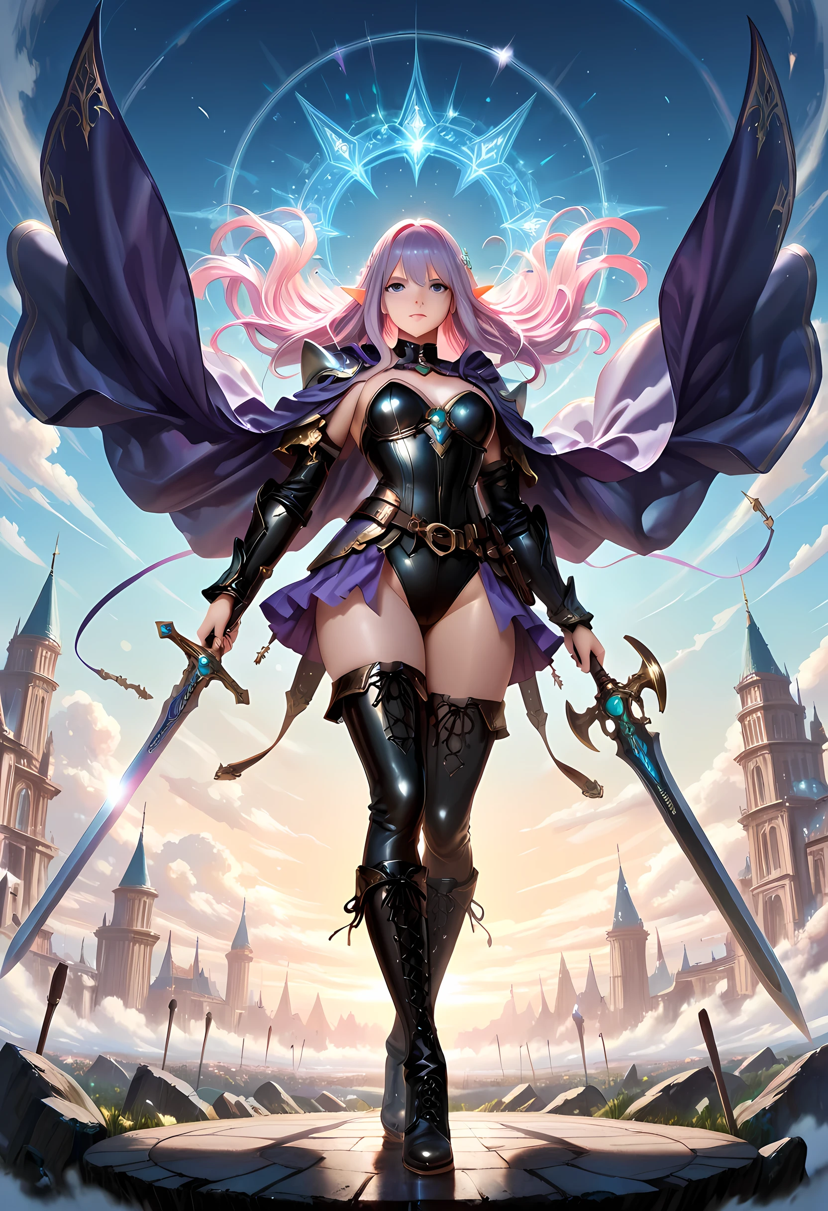 a picture of a female elf, fantasy swashbuckler, fantasy fencer, armed with a slim sword, shinning sword, magical sword, metallic shine, colorful clothes, full body, epic beautiful female elf, rich hair, braided hair, small pointed ears, wearing  purple cloak, long cloak, wearing elven leather armor, sense of daring, sense of adventure fantasy street, high details, best quality, 16k, [ultra detailed], masterpiece, best quality, (extremely detailed), dynamic angle, ultra wide shot, photorealistic, RAW, fantasy art, realistic art,((best quality)), ((masterpiece)), (detailed), perfect face, LOAsuccXL, strapless, lace up stilettos, fantasy, Cinematic Shot, dvr-hgh-fnt