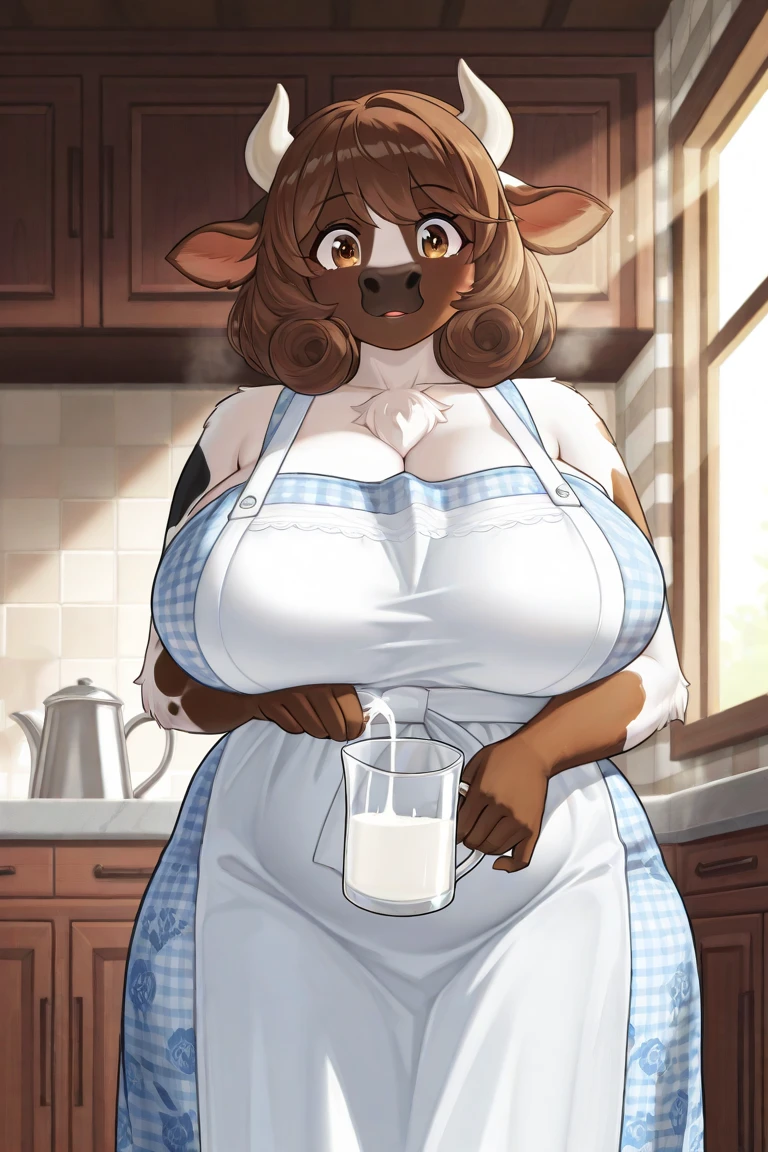 By bebebebebe, by lostgoose, by goonie-san, solo, female, bovine, cow, brown fur, brown hair, medium hair, straight hair, horns, black nose, smiling, big breasts, curvy, thicc, standing, sundress, field