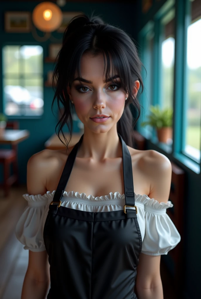 Hungarian woman with an athletic and toned physique; striking features with high cheekbones; green eyes; long, dark hair often styled in intricate braids; 'light olive' skin; best quality; trending on artstation; complex volumetric lighting; strong shadows; artistic lighting; dynamic; energetic vibe; realistic skin; specular highlights; micro-textures; highly detailed hair; in a dimly lit apartment at the dinner table; gang leader; wearing a sundress; razorwire tattoo circling upper arm