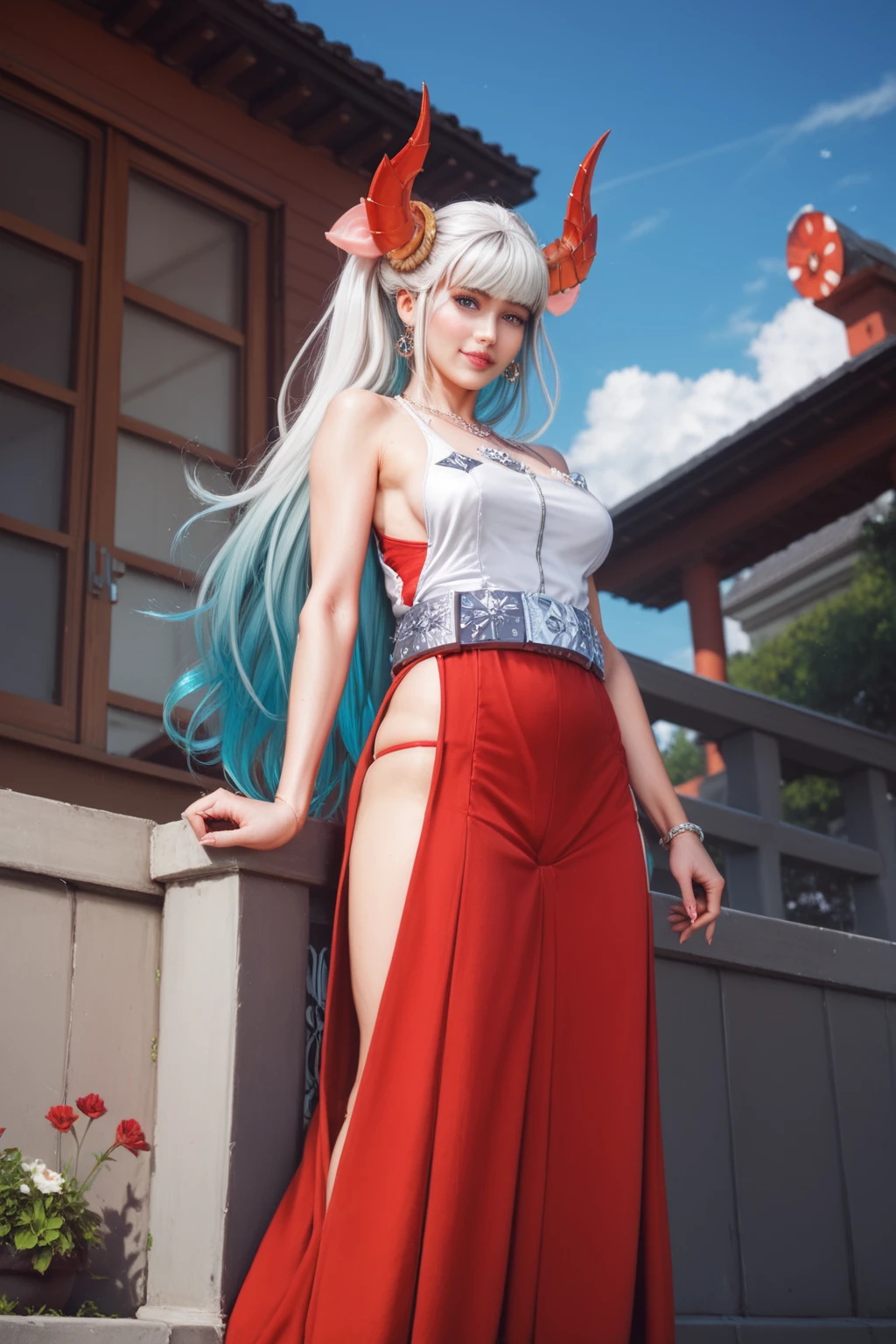 masterpiece, best quality, 1girl, yellow eyes, long hair, white hair, sitting, red kimono, large breasts, light smile, arms behind back, nature, hair ornament, animal ears, bridge, water