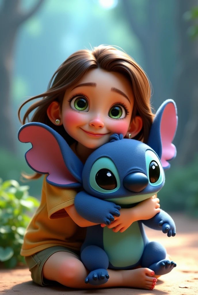  child with long brown blonde hair wearing joy pajamas from the movie inside out 2 holding Stitch the teddy bear from the movie Lilo and Stitch 