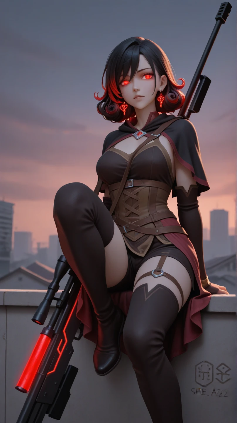 cyberpunked、Gothic fashion、Blue eyes、Red lips、red hairs、beauty legs、sexypose、Seduction Pose、Crimson Cloak、Gothic dresses、micromini skirt、Small Panties、Cameltoe、(((Flying kick while shooting a gun)))、(Full moon in the background)、(If the background is)