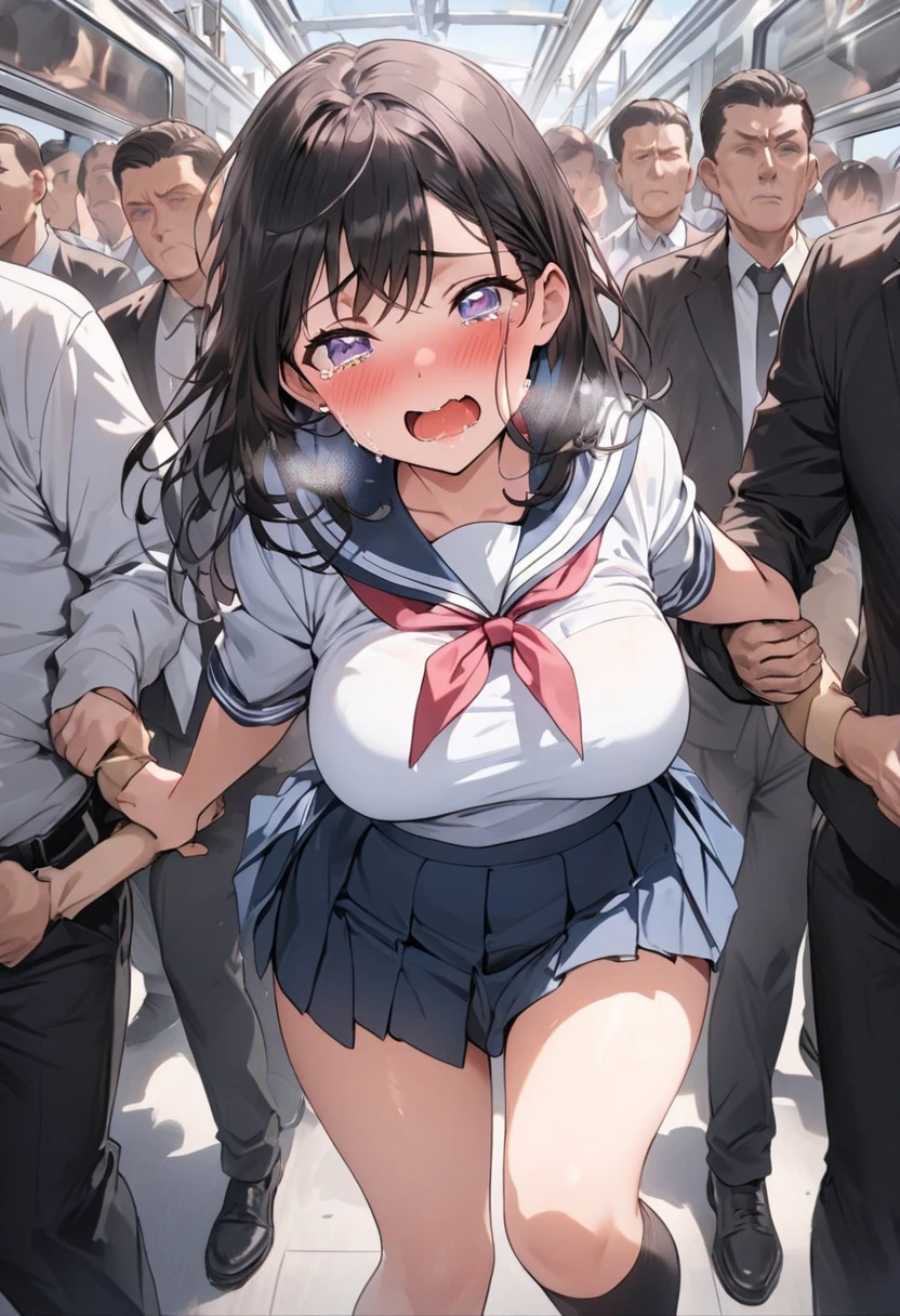 (Masterpiece, Best quality:1.2), bambietta, Flying, (Burned down ruined city:1.2), (Blush:1.2), Rained, Blood on the breast, Red eyes, Hat, White military uniform, Short white pleated skirt, Superskirt, Masterpiece, Detailed, Intricate details, belt, From above, view the viewer,, huge tit, Plump crotch, Fitness model, Ruddy cheeks, perspire, Sweaty, The whole body is soaked with clothes, Wheezing, Mouth open, Reveal a shy and nervous expression, cleavage, Stand on a crowded bus, Caught by a group of men, grabbing the breasts, A crowd stared at her intently, A lot of male arms, POV hands, assisted exposure, pulled by another, lifted by another, undressing another, Catch, Pulling, clothes pull, bra pull, Shirt pull, was raped, ((Pumping through clothing:1.5)), ((She was held from behind by a man:1.5)), ((She was grabbed by the chest by a large group of men:1.5)), ((The man presses his chest against the woman's back 1)), ((She was grabbed by a large group of men on the buttocks:1.5)), ((very large crowd of men around her:1.5)), ((The crowd was all men)), full bodyesbian