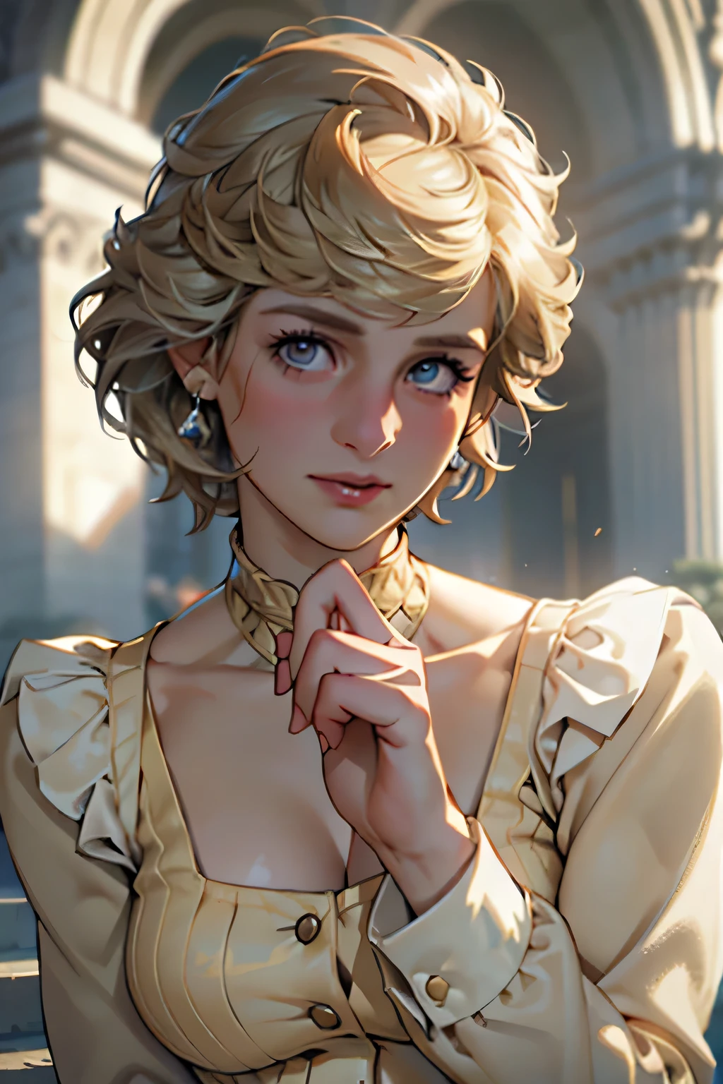 (masterpiece:1.3), (8k, realistic, RAW photo, top quality: 1.4), (one girl), beautiful face, (realistic Face), Beautiful Hairstyle, realistic eyes, beautiful details, (realistic Skin), beautiful skin, absurd, charm,  super high resolution , Super Real, very well detailed,  golden ratio, (best shadows), like in a movie, (complicated:1.4), high contrast, Side Lighting, ((Princess Diana)), ((Accurate hands and fingers)), ((Captain England)), 43-year-old Caucasian woman, ( Gold, short hair:1.3), big breasts, cleavage, ( plump body), in front of the main gate of Buckingham Palace