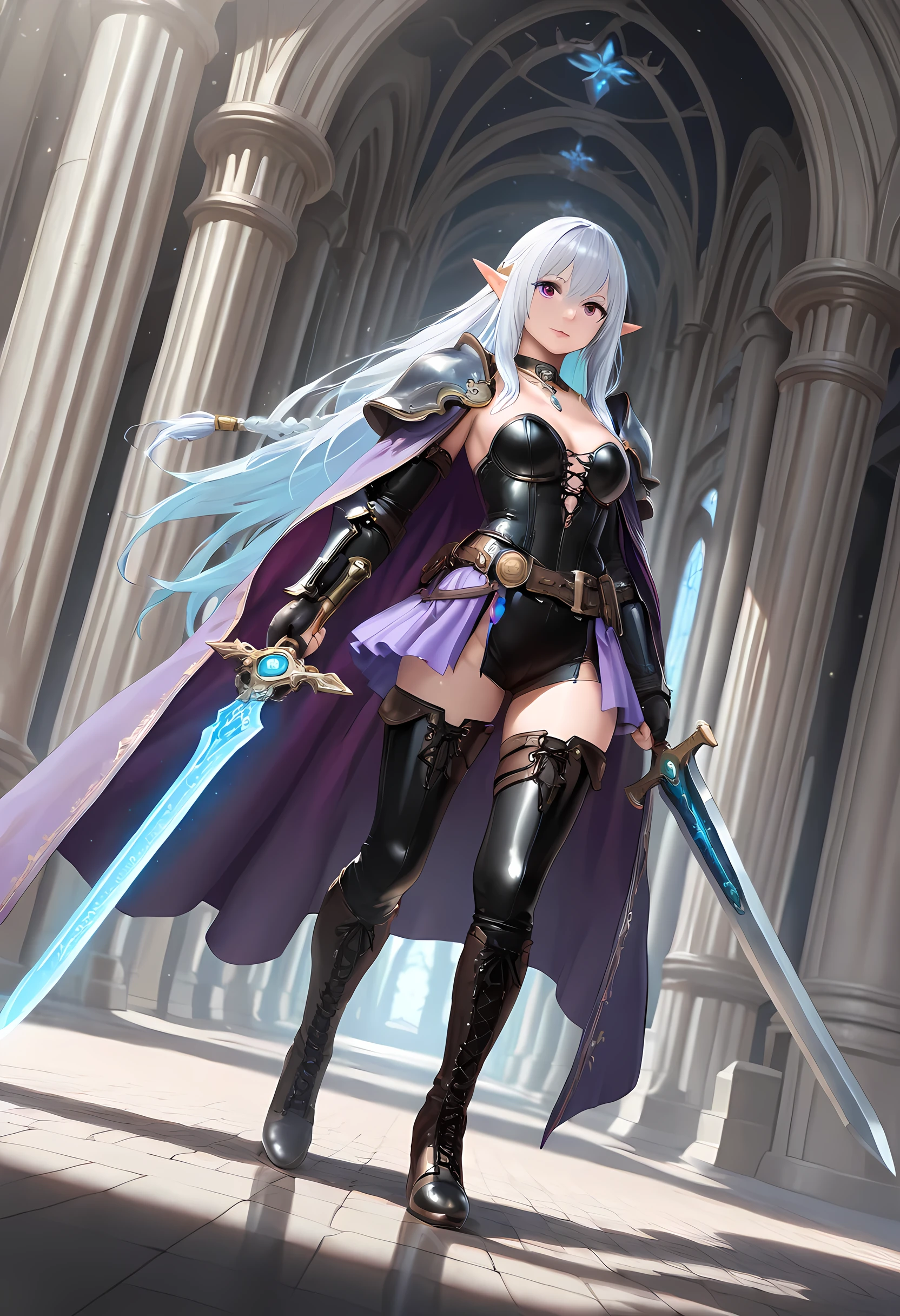 a picture of a female elf, fantasy swashbuckler, fantasy fencer, armed with a slim sword, shinning sword, magical sword, metallic shine, colorful clothes, full body, epic beautiful female elf, rich hair, braided hair, small pointed ears, wearing  purple cloak, long cloak, wearing elven leather armor, sense of daring, sense of adventure fantasy street, high details, best quality, 16k, [ultra detailed], masterpiece, best quality, (extremely detailed), dynamic angle, ultra wide shot, photorealistic, RAW, fantasy art, realistic art,((best quality)), ((masterpiece)), (detailed), perfect face, LOAsuccXL, strapless, lace up stilettos, fantasy, Cinematic Shot, dvr-hgh-fnt