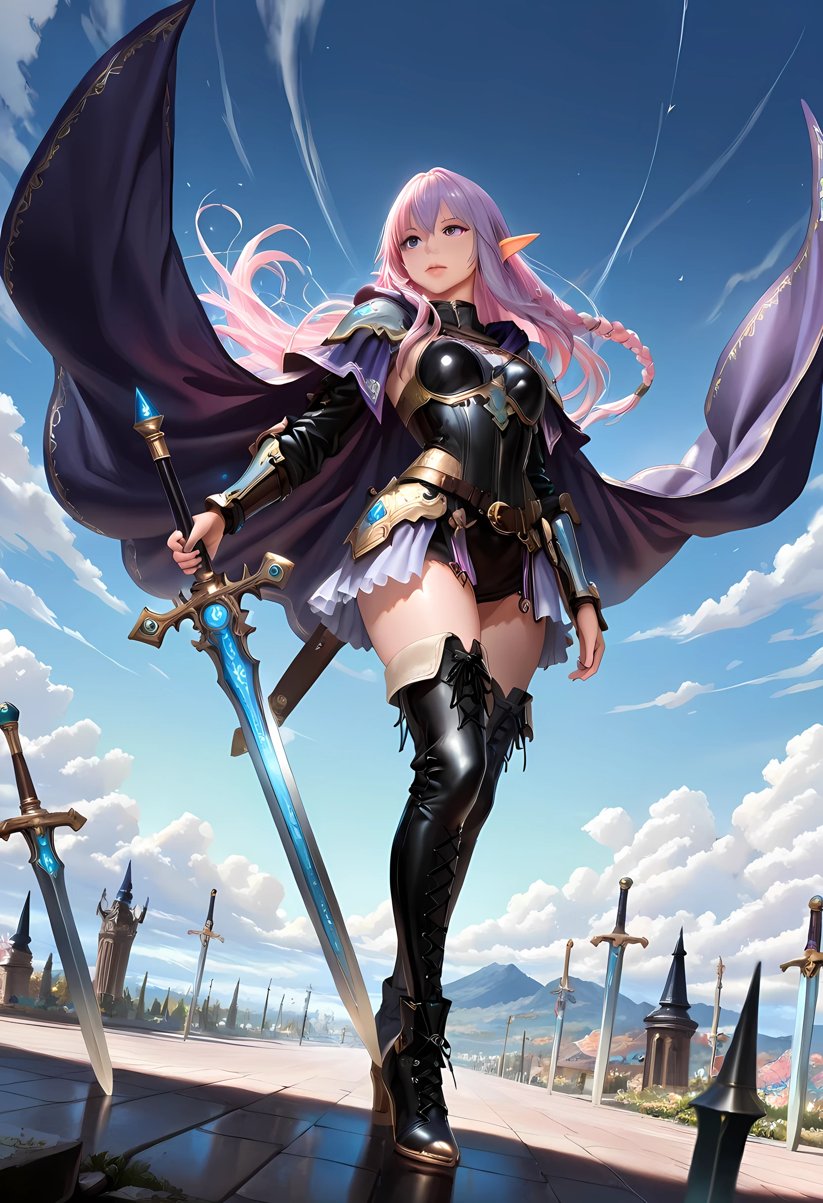 a picture of a female elf, fantasy swashbuckler, fantasy fencer, armed with a slim sword, shinning sword, magical sword, metallic shine, colorful clothes, full body, epic beautiful female elf, rich hair, braided hair, small pointed ears, wearing  purple cloak, long cloak, wearing elven leather armor, sense of daring, sense of adventure fantasy street, high details, best quality, 16k, [ultra detailed], masterpiece, best quality, (extremely detailed), dynamic angle, ultra wide shot, photorealistic, RAW, fantasy art, realistic art,((best quality)), ((masterpiece)), (detailed), perfect face, LOAsuccXL, lace up stilettos, fantasy, Cinematic Shot, dvr-hgh-fnt