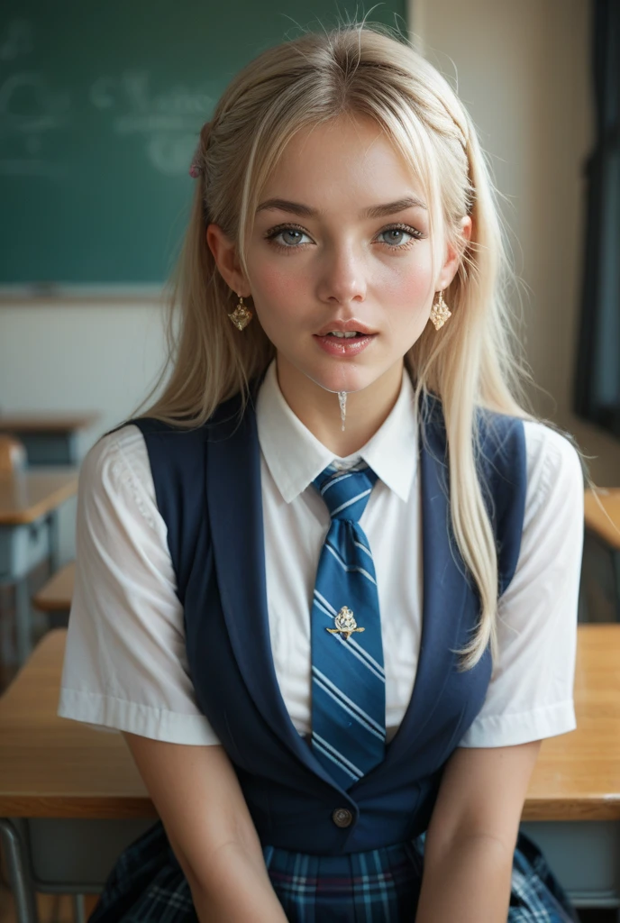 (masterpiece:1.2), (best quality:1.2), (extremely detailed:1.2), (extremely detailed face), (photorealistic:1.2), (ultra detailed), 8k,slim and petite body, medium, boobs, high ponytail, ([blonde | brown] hair), (bursting boobs), blue skirt, silver necklace, showing, showing, cleavage, kneeling on the floor, happy expression, in the (classroom:1.2), facing up, (view from above:1.2),  on boobs, facial, cum, pov,  open mouth, open eyes looking at viewer,perfecteyes,1 girl,bbc-facial, cum_everywhere,bukkake,cum_covered, large boobs, perfect ,