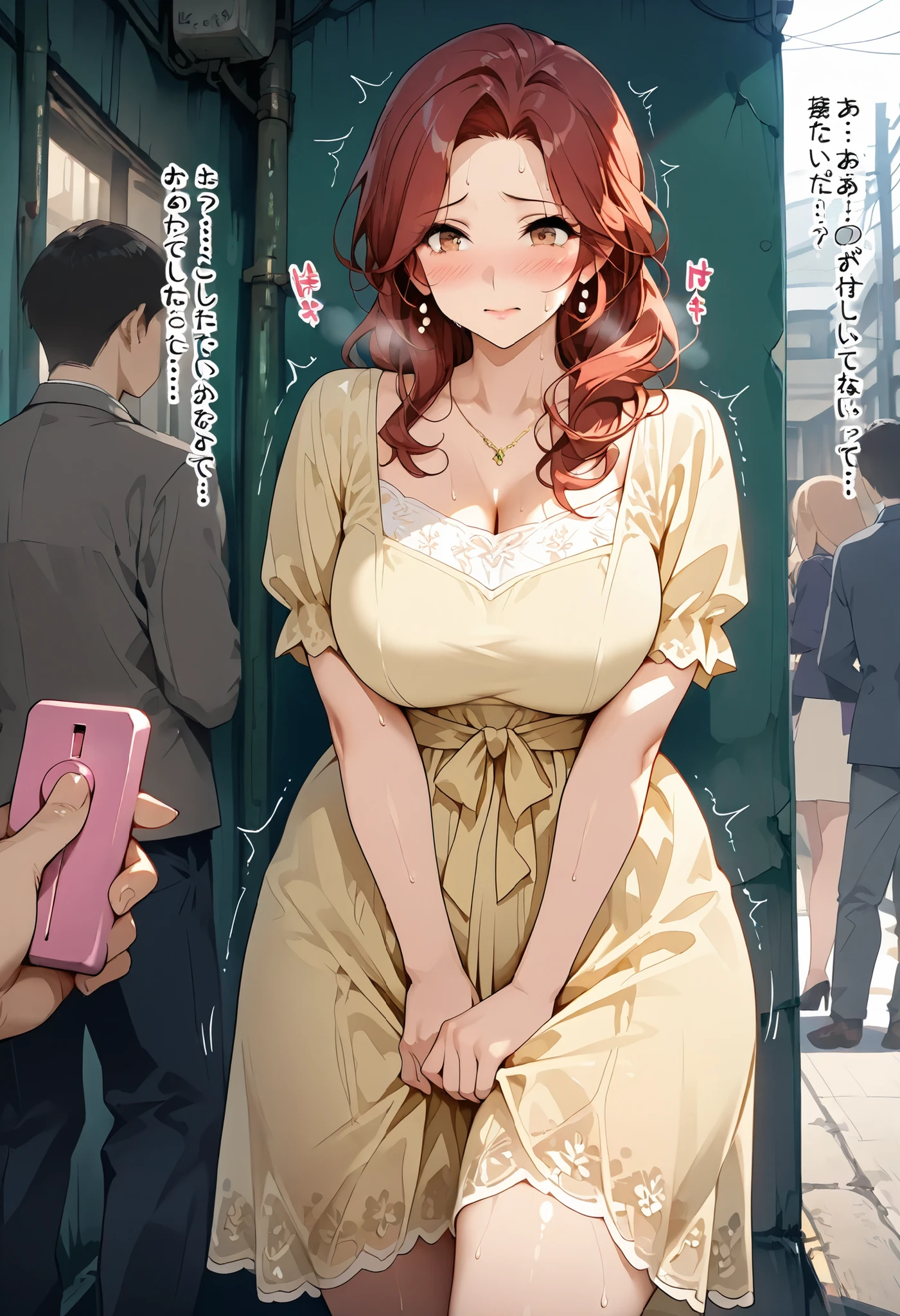 (  1 mature woman 1 man),  attractive mature woman ,  Big ,  red hair,  Long Hair, light brown eyes, Sensual look  ,  is dressed in a charming flowery dress ,  alley , standing,  legs shaking,  bothers,  double room , thighs , a big plump butt ,  big hip, erotic, sensual, ecchi,  pretty eyes  , Resignation, she's worried  ,  perfect body  , blush,  indecisive people  , closed angle  ,  half a visible body  ,  thin body, 4k, sweat, humidity,  pretty eyes , Fence angle , closed angle, POV holding vibrator remote

