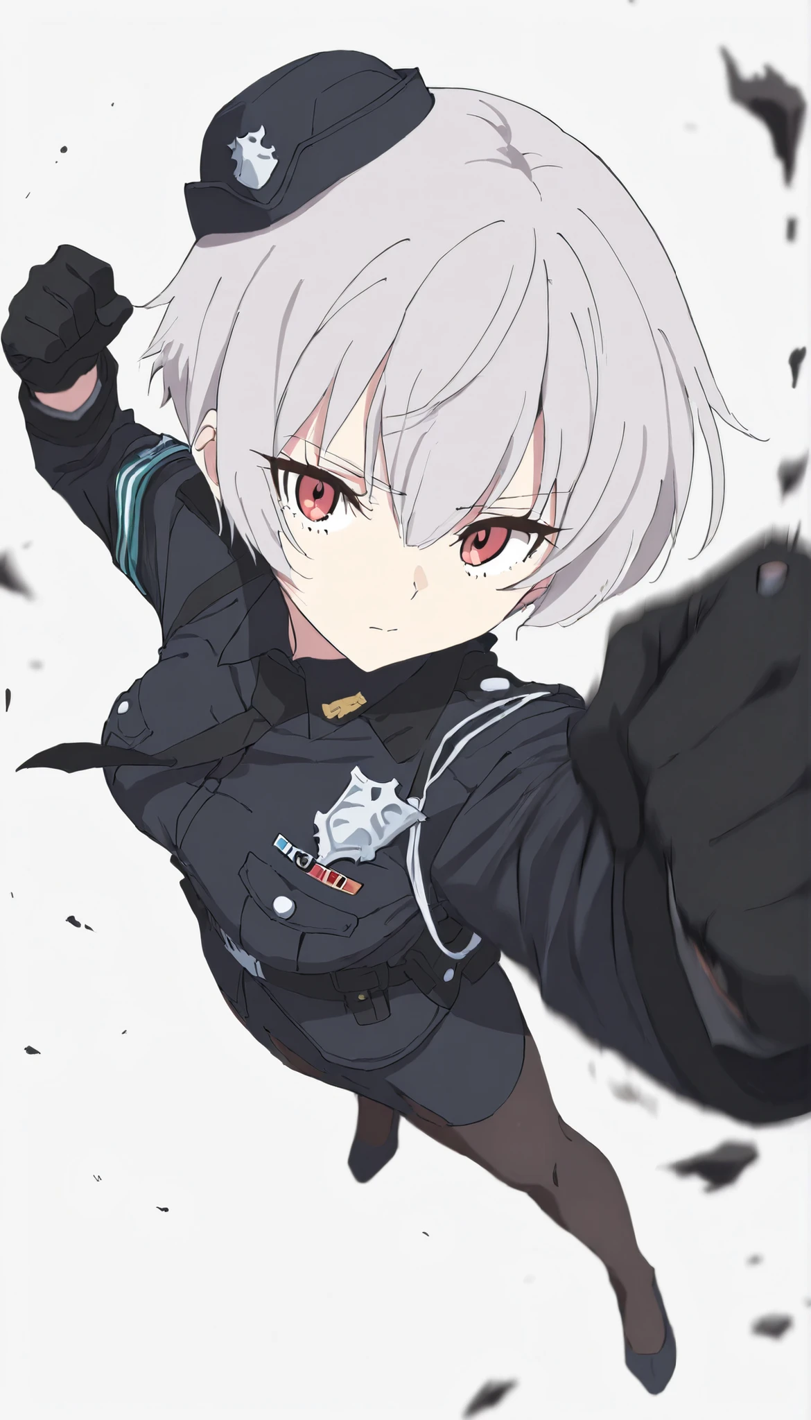 ((masterpiece)), (best quality), 1girl, solo, simple background, temptation, delicate face, Battle Pose , Punching, full body, silver short hair, long sideburn, Disdainful Eyes, Black Stockings, Damaged black police uniform, medium breasts, style: midjourney, white background, two-point perspective , Impact footage,motion blur,depth of field, closeup