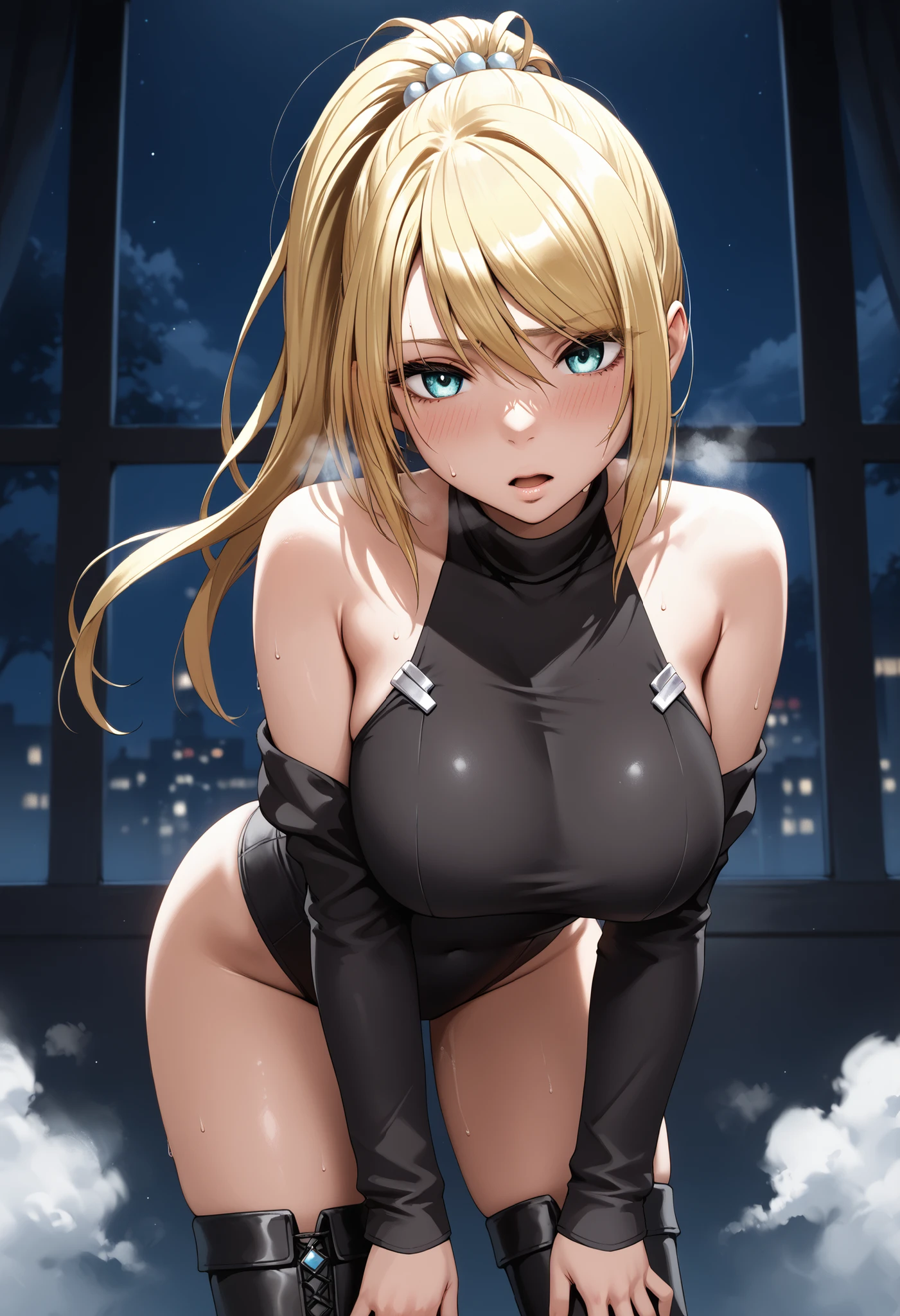 great quality,very beautiful,Absard dress,top quality,newest,masterpiece,4k,resolution,animated screen capture,1 girl,solo, golden hair, ponytail, hair between eyes, Aqua Eyes, has super that are just about to break,Sweat is pouring out a lot, staring face,blush,I'm breathing out with my mouth wide open,(Kesha),black leotard, Covers the clavicle, turtleneck, shoulder, Exposed Navel, black thigh high socks, knee boots, There's a lot of steam,bending forward,Spread your legs 70 cm, convulsions,Author,Grab the viewer with both hands,night, crimson style