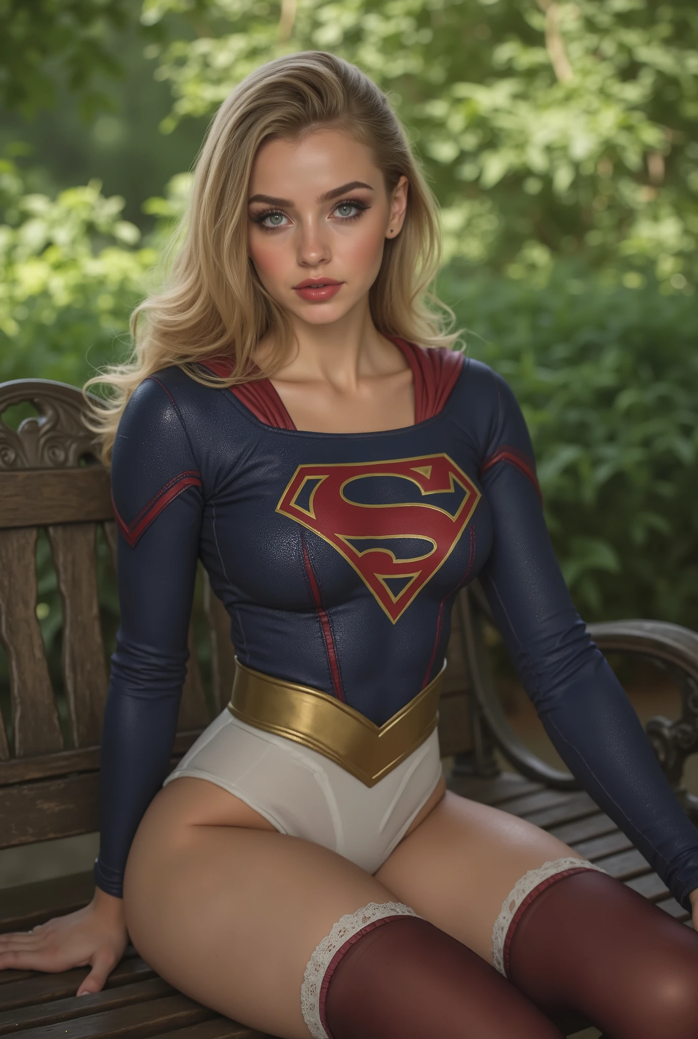 highest quality、16K high resolution、supergirl Super detailed、masterpiece、Live shooting、realistic:1.4、hyper realism:1.harp focus、very delicate and beautiful、small details、1 female、(european:1.2)、(blonde)、(spread your legs:1.3)、(white panties:1.supergirl uniform:1.3)、 (sitting in on a park bench)、(super beautiful)、(beautiful face:1.5)、(ponytail, stockings)、(detailed face)、(fine and beautiful eyes)、Perfect round eyes、(detailed lips)、Lipstick、(eyeliner)、mascara、eye shadow、At NSFW