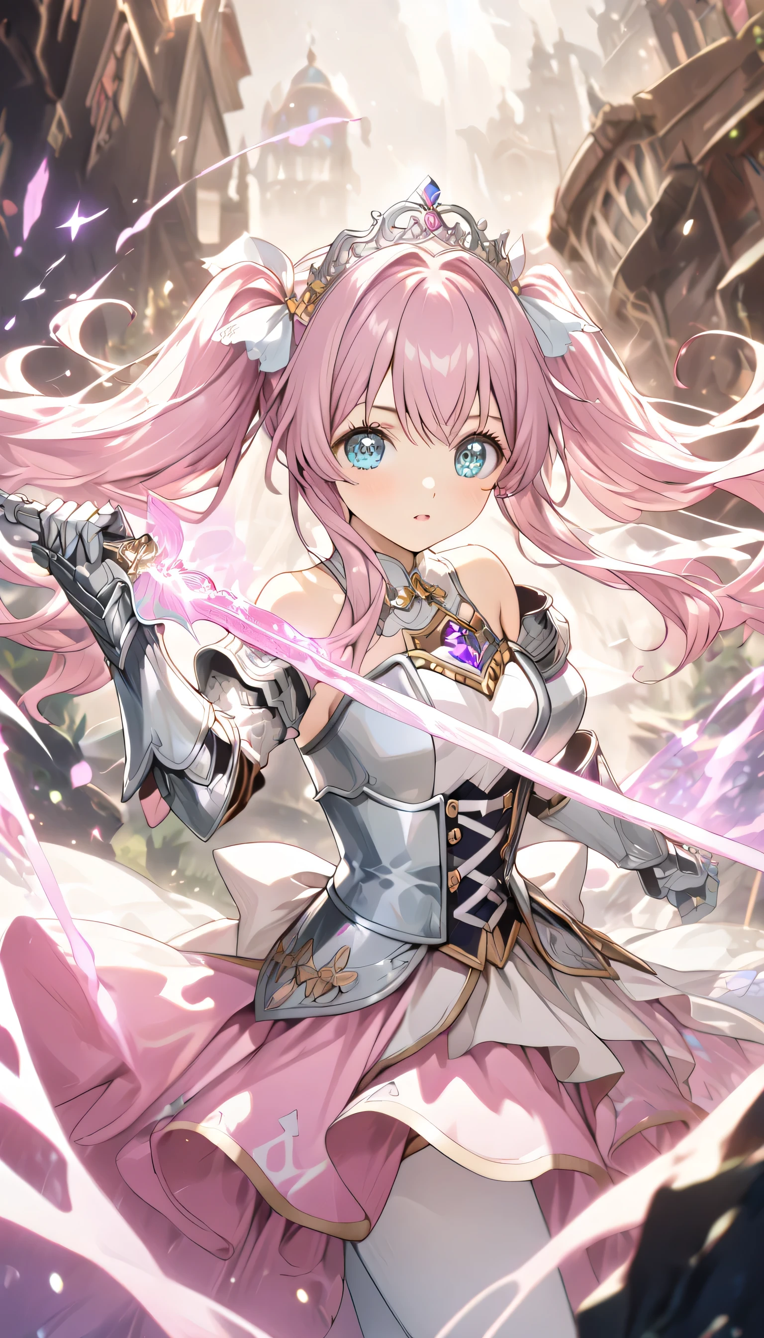 ((ultra-detailed)), (highly detailed CG illustration), (best quality:1.2), ultra-highly detailed, colorful composition, artistic photoshoot, solo focus, (upper body), moe anime character, age girl, dainty facial structure, babyface, round face, rounded chin, ideal ratio body proportions, celia-default, celia claire, blue eyes, sparkle eyes, two side up, hair ribbon, ample breasts, fantasy motif princess knight costume with sword weapon, matching design of pearl white metal plate armor and pastel pink dress, (white metal plate armor covers entire body:1.2), princess tiara decorated with beautiful jewels, wear elegant and beautifully decorated pearl white metal plate armor over a elegant pastel pink princess dress, white metal armor texture with an elegant luster, elaborate gold decorations, elizabeth color with jewelry brooch, (serious), ((holding fantasy motif magical sword combat stance:1.3)), ((in a battle posture:1.3)), bare shoulder, cold shoulder, bare thighs, ((matching design white metal gauntlet with gold decoration, armed covers from elbow to wrist:1.2)), white metal heeled boots with gold decoration, corset shaped waist parts, lace-up, ribbon decoration, white pantyhose, pastel pink lace flared skirt, (layered skirt-hem), white tulle lace on skirt, wide A-line, mini skirt, long cape made of organza material with a beautiful gradation of white and pink, (glowing aura), ((dynamic pose:1.4)), (fighting in fantasy), expecting, pink cheek, pink gloss slip, portrait, depth of field, lighting, sidelighting, (shine), lighting, caustics, ray tracing, lustrous skin, highly detailed face, highly detailed eyes, perfect nose, perfect anatomy, beautiful hair, beautiful small face, beautiful detailed eyes, beautiful clavicle, beautiful body, beautiful huge breasts, leavage, breasts squeezed together, beautiful thin thighs, beautiful legs, beautiful fingers, lovely, (very detailed background:1.0), (highly detailed background:1.0), intricate details, chromatic aberration