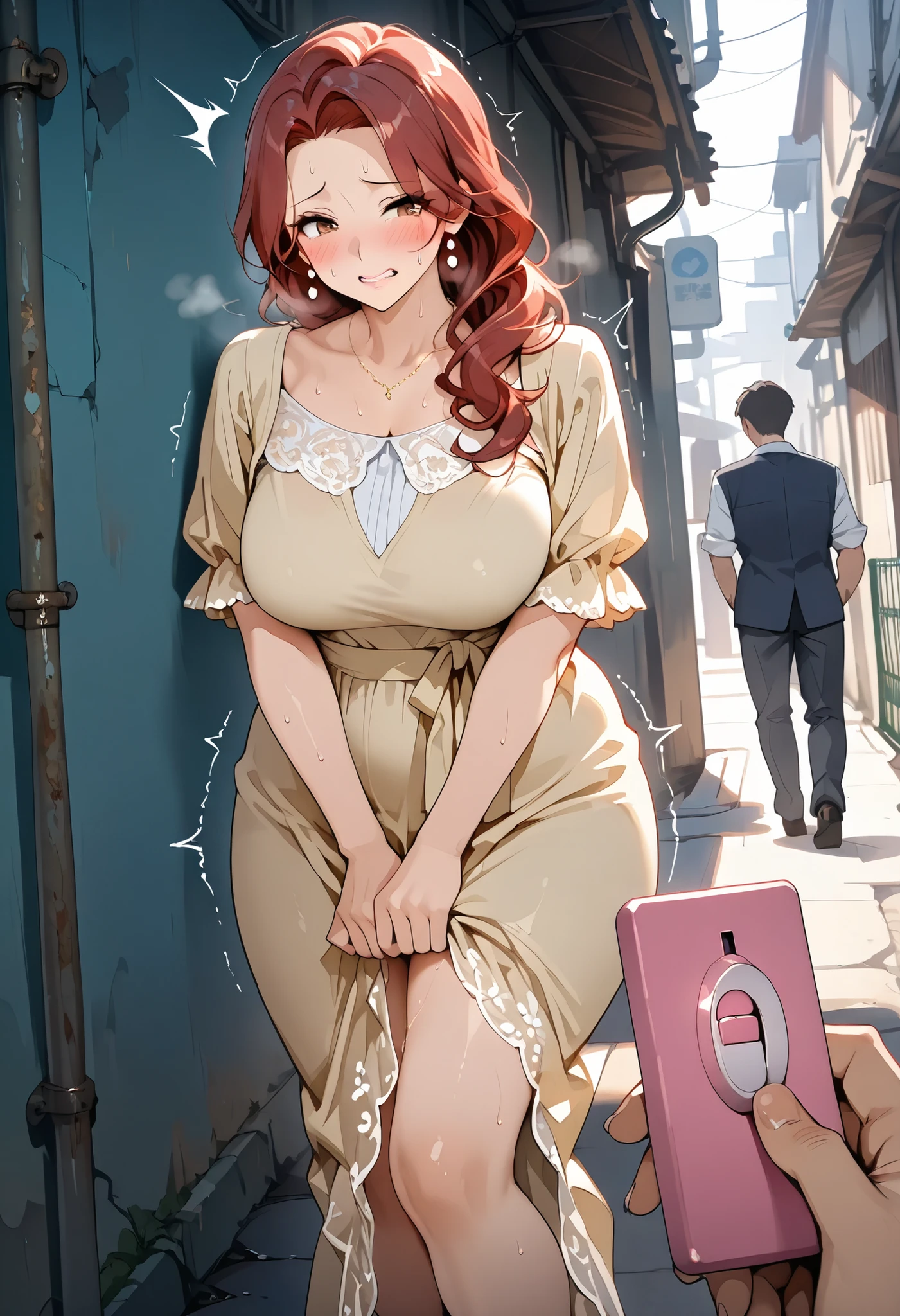 ( 1 mature woman 1 man), attractive mature woman , Big , red hair, Long Hair, light brown eyes, Sensual look , is dressed in a charming flowery dress , alley , standing, legs shaking, bothers, thighs , a big plump butt , big hip, erotic, sensual, ecchi, pretty eyes , Resignation, she's worried , tight teeth, perfect body , blush, indecisive people , closed angle , half a visible body , thin body, 4k, sweat, humidity, pretty eyes , Fence angle , closed angle, POV holding vibrator remote,