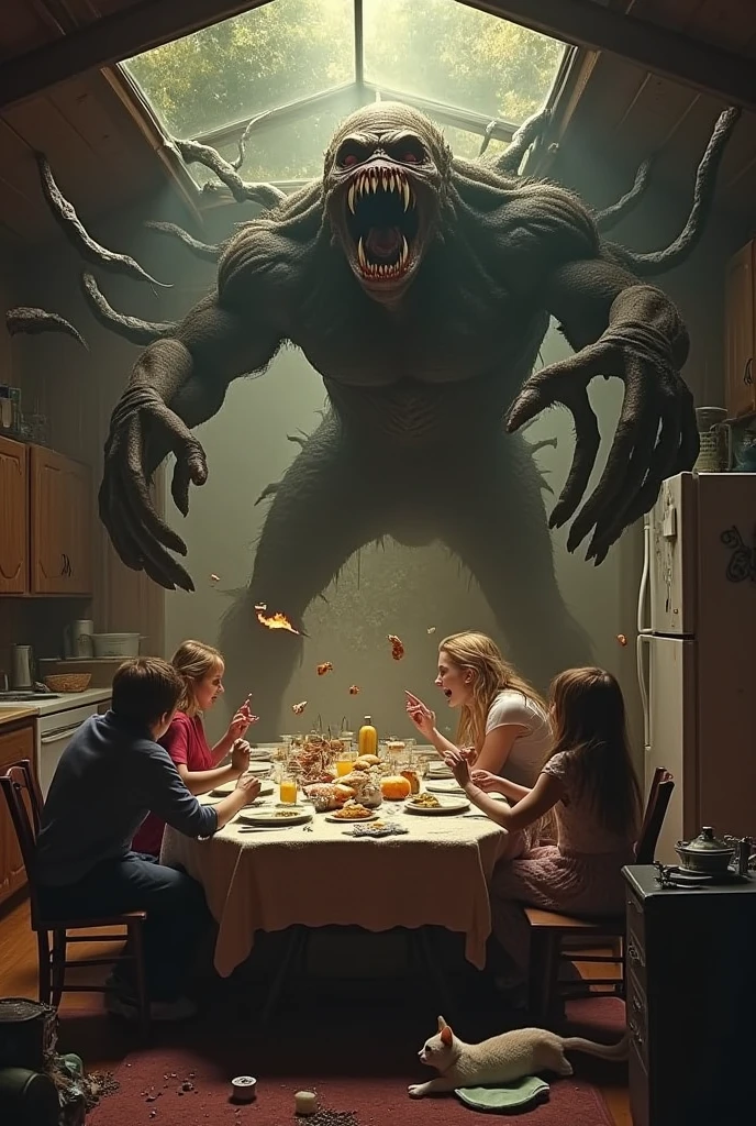 Family together having dinner in the living room and at the window Alien humanoid scary insect