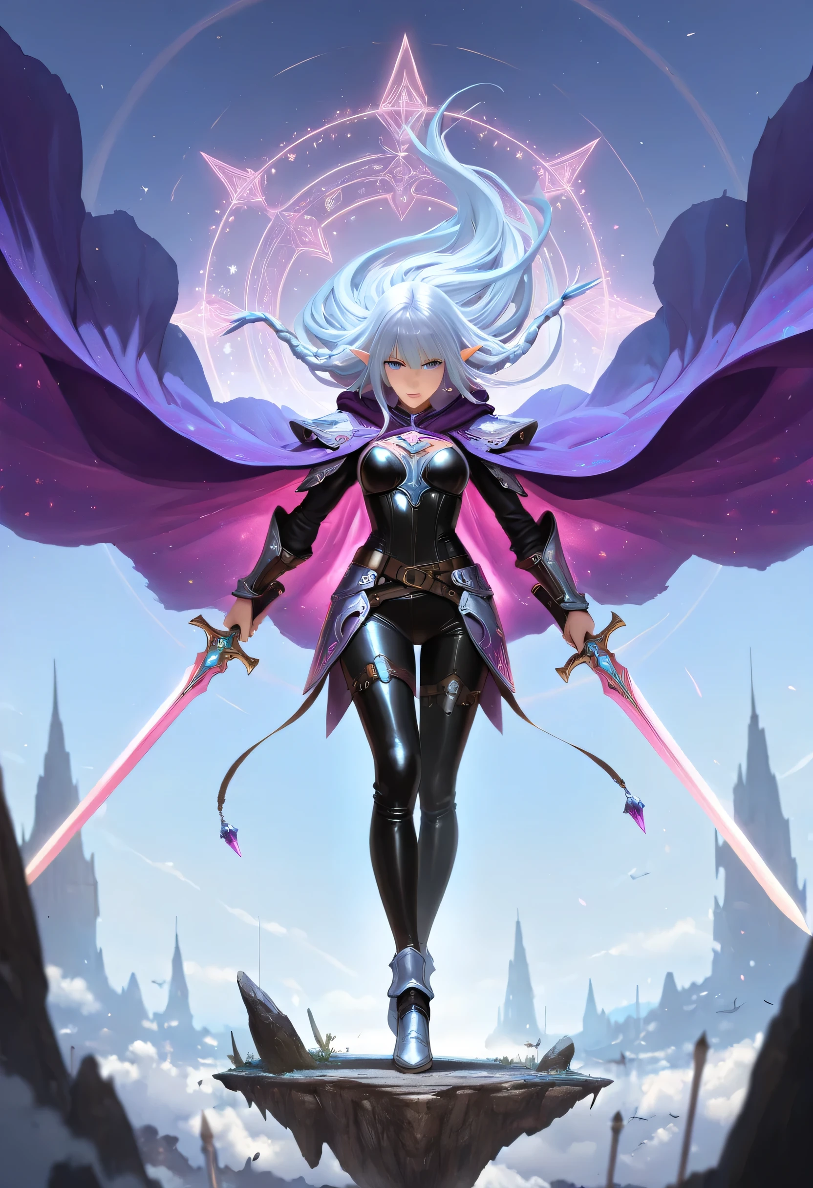 a picture of a female elf, fantasy swashbuckler, fantasy fencer, armed with a slim sword, shinning sword, magical sword, metallic shine, colorful clothes, full body, epic beautiful female elf, rich hair, braided hair, small pointed ears, wearing  purple cloak, long cloak, wearing elven leather armor, sense of daring, sense of adventure fantasy street, high details, best quality, 16k, [ultra detailed], masterpiece, best quality, (extremely detailed), dynamic angle, ultra wide shot, photorealistic, RAW, fantasy art, realistic art,((best quality)), ((masterpiece)), (detailed), perfect face,  fantasy, Cinematic Shot, dvr-hgh-fnt