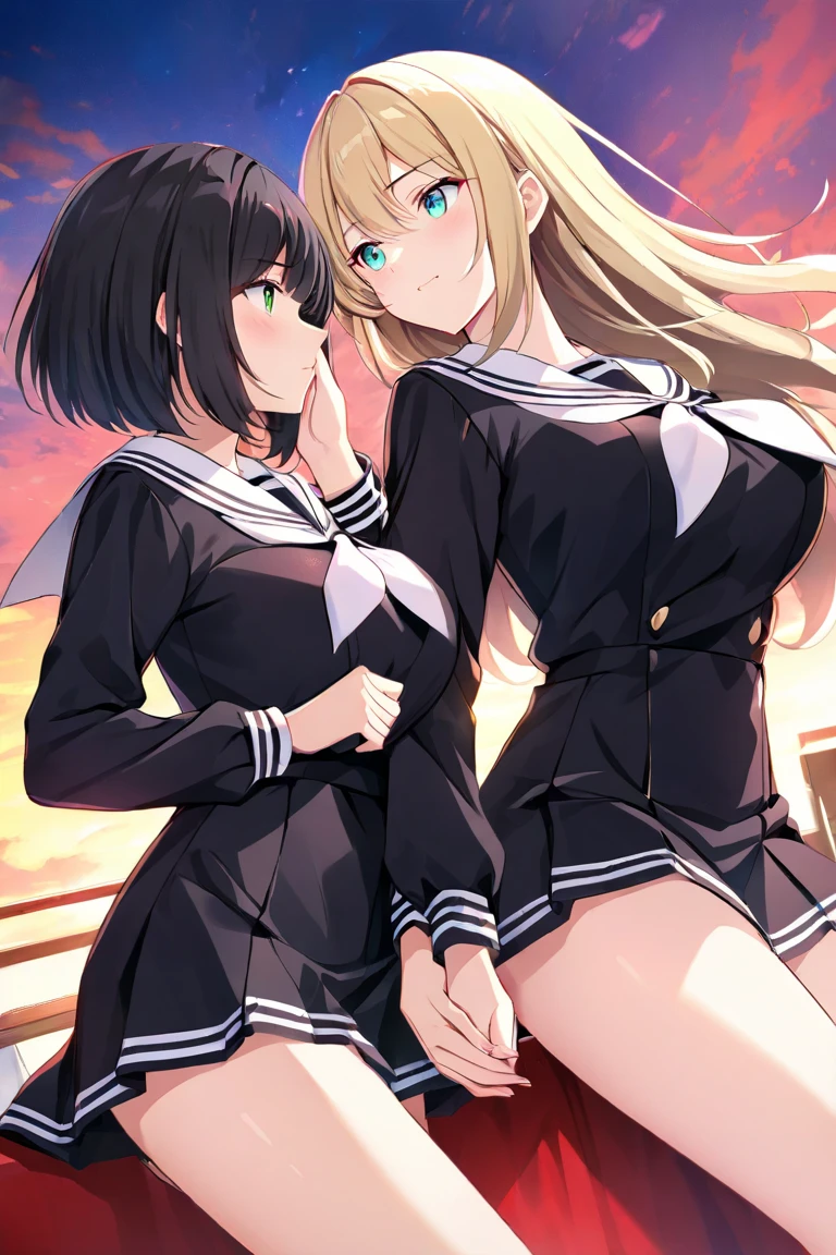 2 girls fighting back、 staring at each other、deep kiss、頬redらめ、( Long、 blond hair、Big Breasts、 green eyes)、 High Angle、( black hair、 Aqua Eyes、 small 、short hair、)Lily、 Twilight Sky、 holding hands 、 sailor suit( pale pink)、 miniskirt(red)、 Dutch angle、hand on your partner's cheek