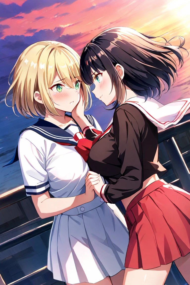 2 girls fighting back、 staring at each other、deep kiss、頬redらめ、( Long、 blond hair、Big Breasts、 green eyes)、 High Angle、( black hair、 Aqua Eyes、 small 、short hair、)Lily、 Twilight Sky、 holding hands 、 sailor suit( pale pink)、 miniskirt(red)、 Dutch angle、hand on your partner's cheek