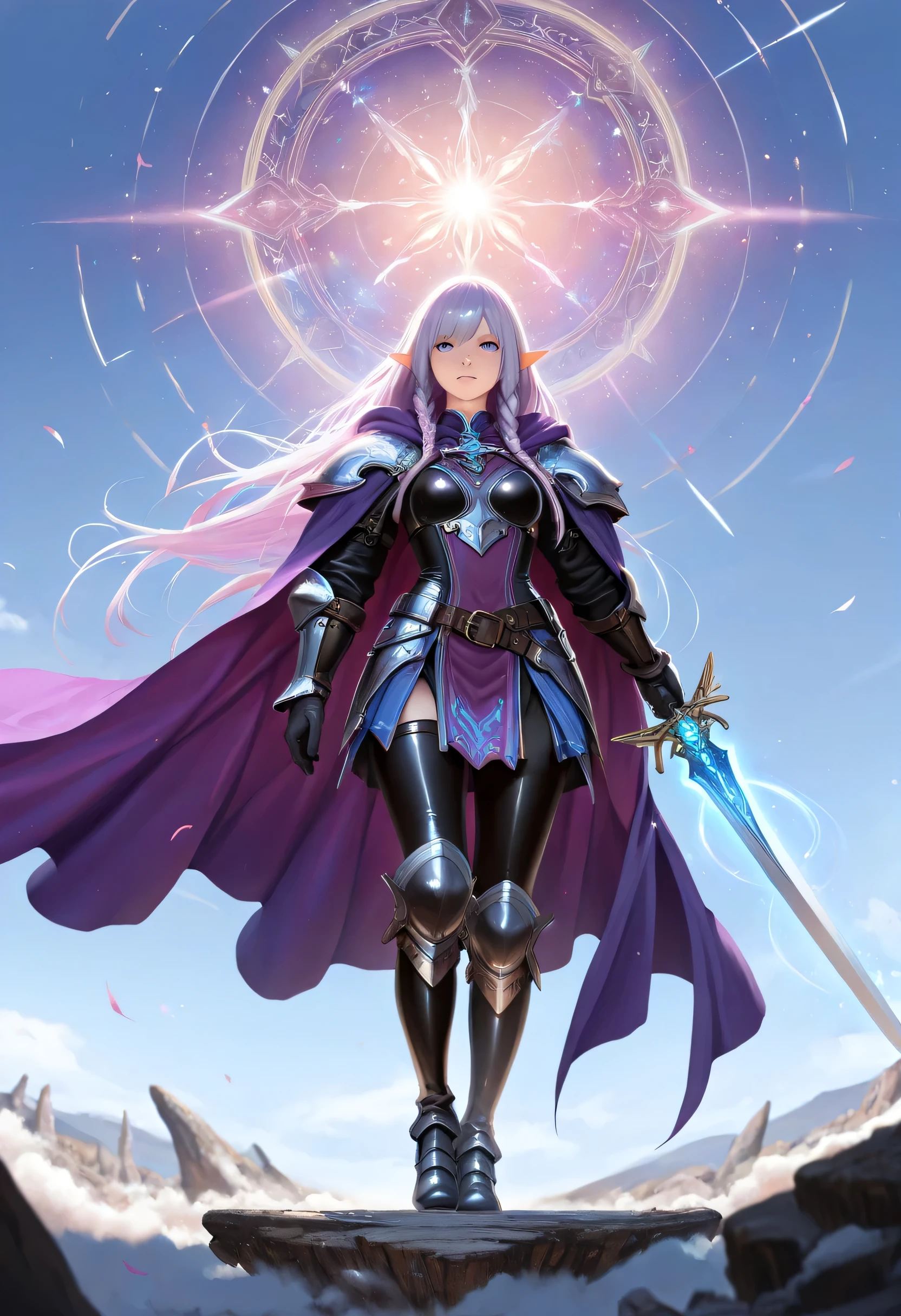 a picture of a female elf, fantasy swashbuckler, fantasy fencer, armed with a slim sword, shinning sword, magical sword, metallic shine, colorful clothes, full body, epic beautiful female elf, rich hair, braided hair, small pointed ears, wearing  purple cloak, long cloak, wearing elven leather armor, sense of daring, sense of adventure fantasy street, high details, best quality, 16k, [ultra detailed], masterpiece, best quality, (extremely detailed), dynamic angle, ultra wide shot, photorealistic, RAW, fantasy art, realistic art,((best quality)), ((masterpiece)), (detailed), perfect face,  fantasy, Cinematic Shot, dvr-hgh-fnt