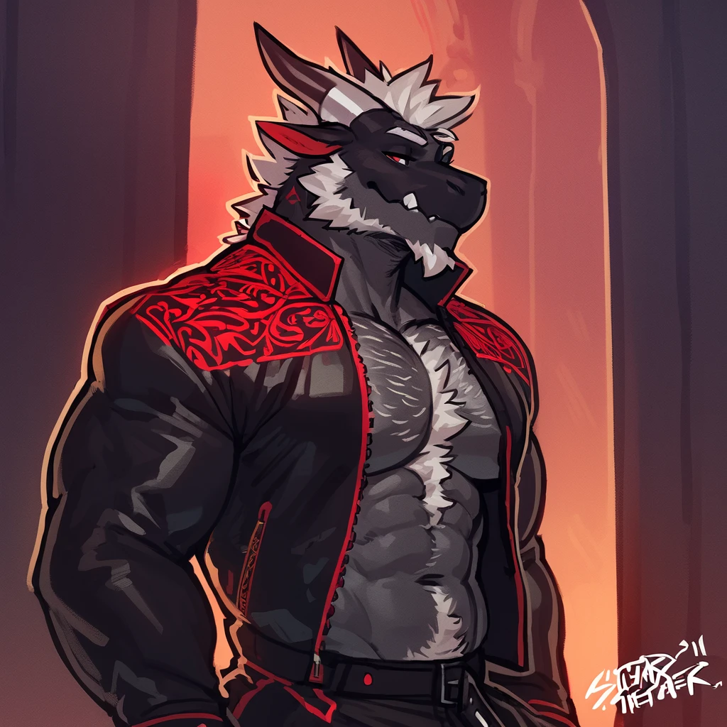 Anthropomorphic dragon his physique is achieved through a meticulous distribution of muscle and fat that creates a sense of comfort and approachability. Black scales. Black fur. Black Hair. Skin is a rich, deep black, with a subtle shimmer. His eyes are a piercing shade of Imperial red, framed by thick eyebrows. His attire, a black gambeson padded overcoat fabric vest with striking red salmon accents and intricate silver metal ornaments, is both functional and symbolic. The gambeson, a padded garment, is tailored to allow for a full range of motion, emphasizing his agility despite his size. The silver metal ornaments. Fur is predominantly black with salmon red-colored highlights. The fur on his torso and limbs is dense. His chest hair is kept at a moderate length. Large axe like fangs. Wield a slashing blade in a rapier-like's hilt. Ox guard stance pose. His predominant color is black and he got imperial red details. Anthro Artist Taran Fiddler art Style, olhos detalhados, Olhos lindos, escalas detalhadas.